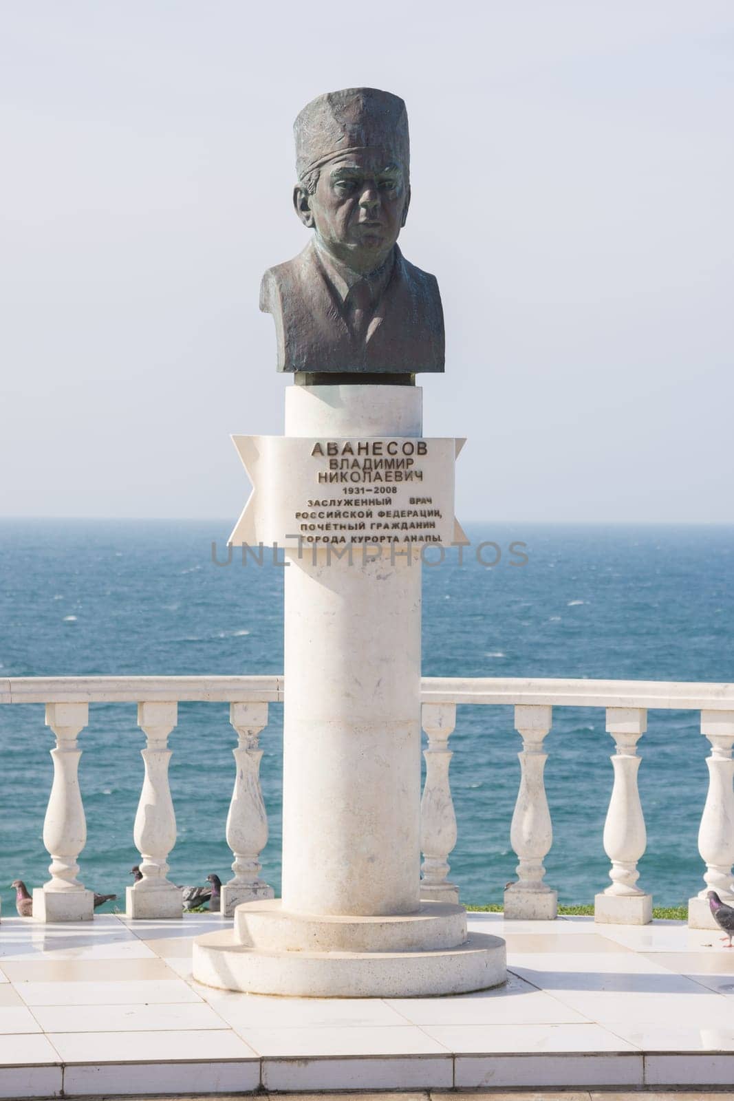 Anapa, Russia - March 10, 2016: monument in honor of the honored doctor of Russia Vladimir N. Avanesov, set on the high bank of the resort town of Anapa