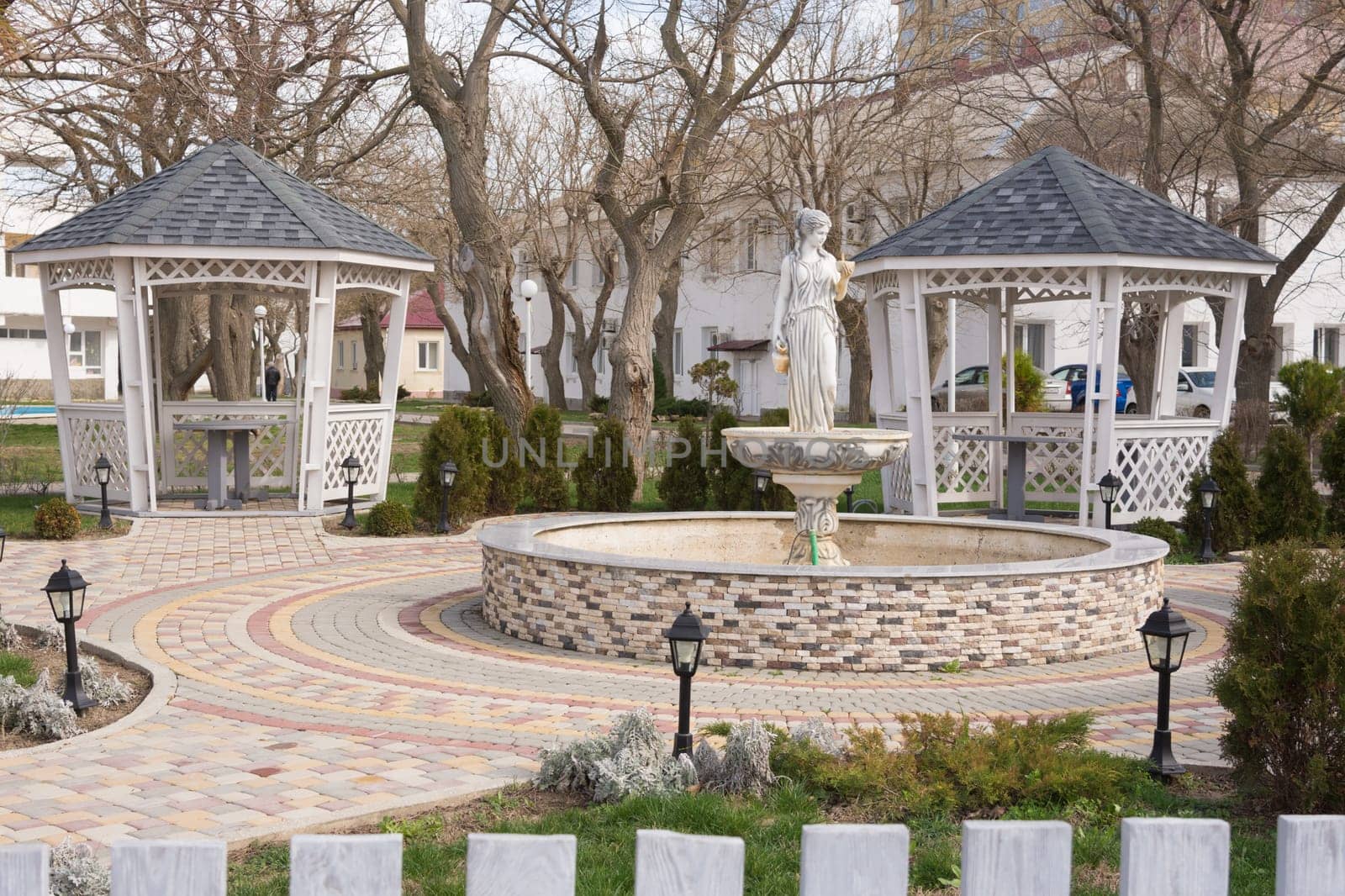 Anapa, Russia - March 9, 2016: Pavilions and fountain as part of the landscaping in the resort &quot Little Bay&quot  in the center of the resort town of Anapa