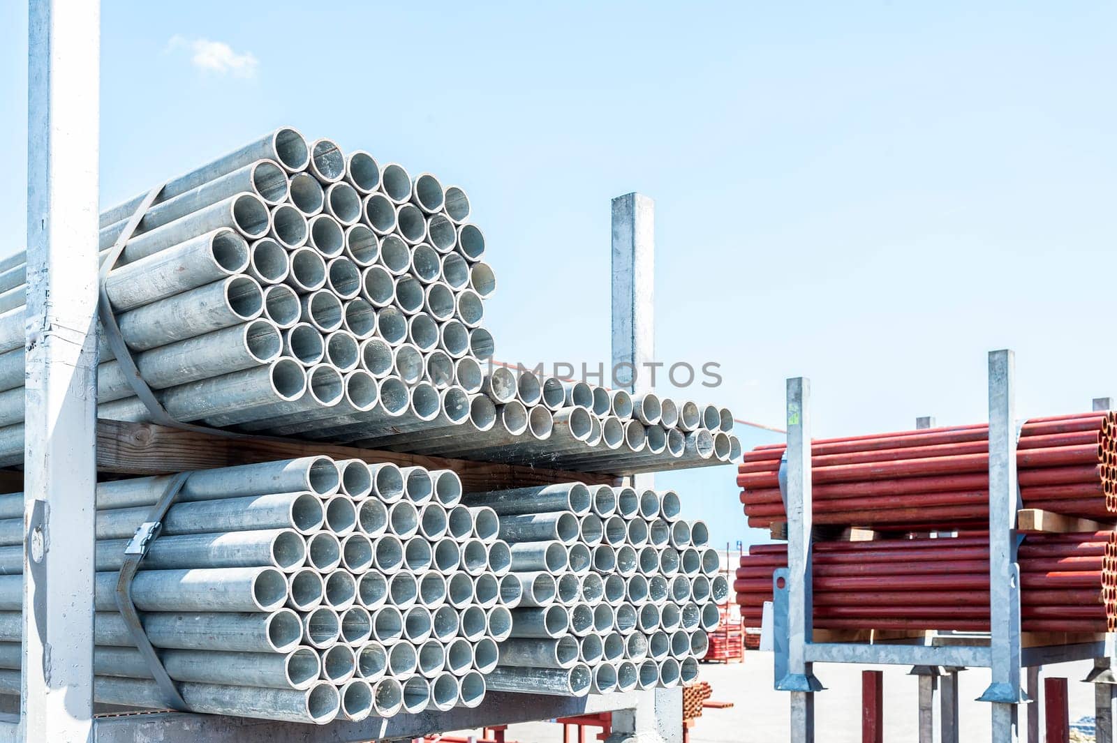 Steel Pipes bunch on the rack in warehouse