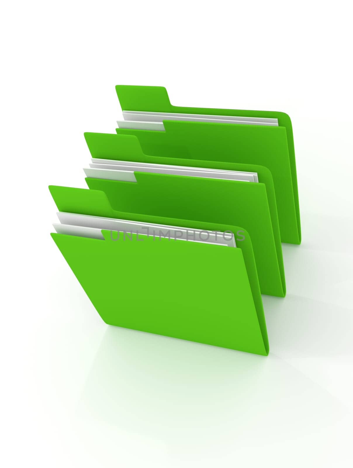 Three green folder on a white background, 3d rendering