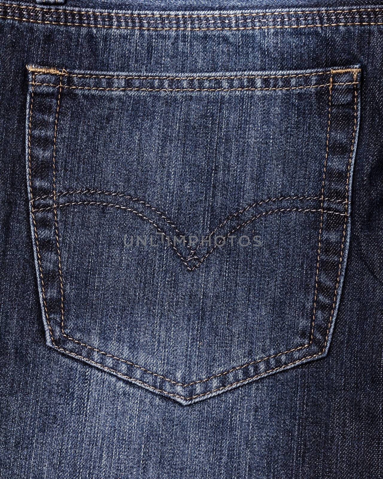 Close-up of a blue jeans back pocket