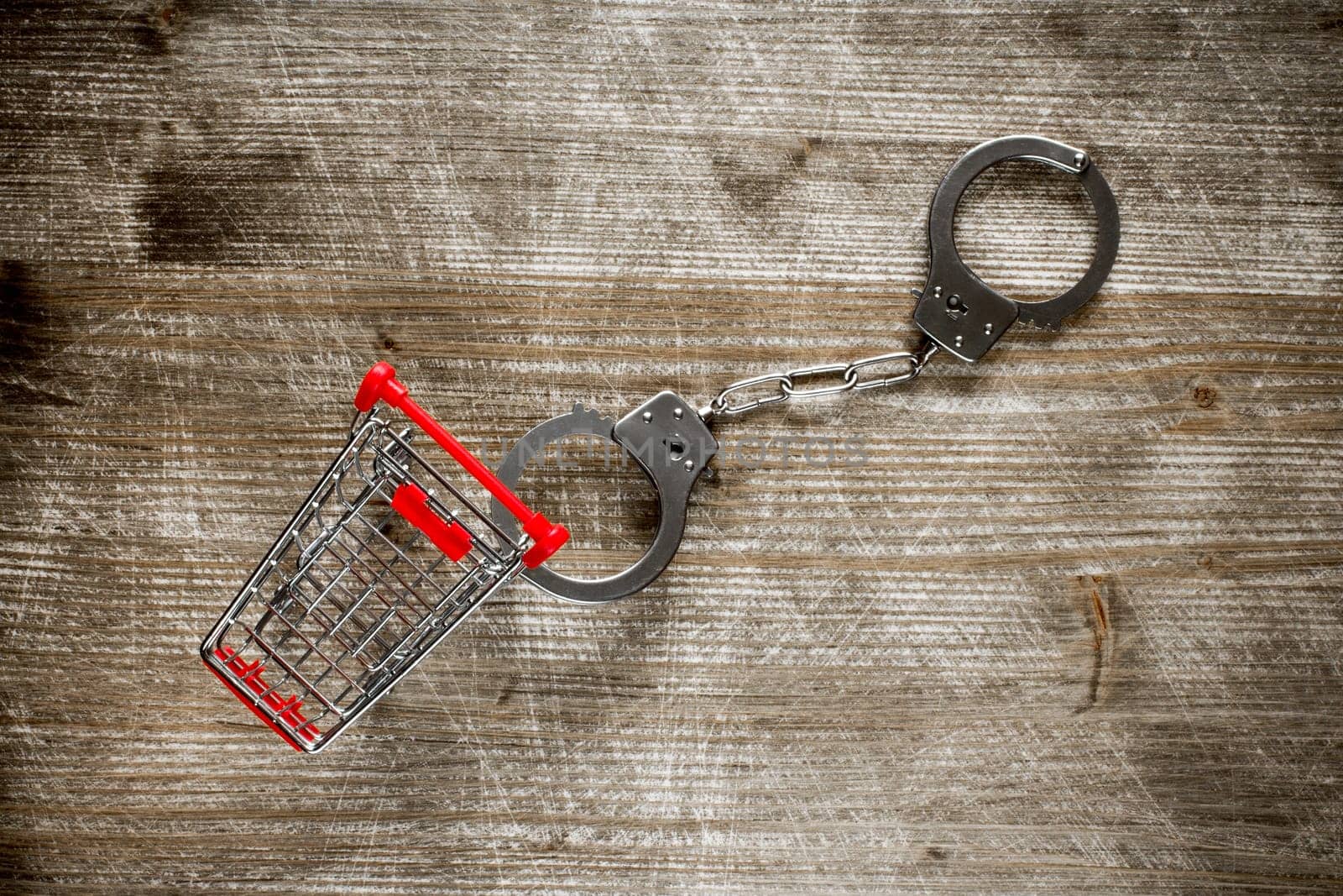 Shopping cart and handcuffs on old wooden background.Top view.