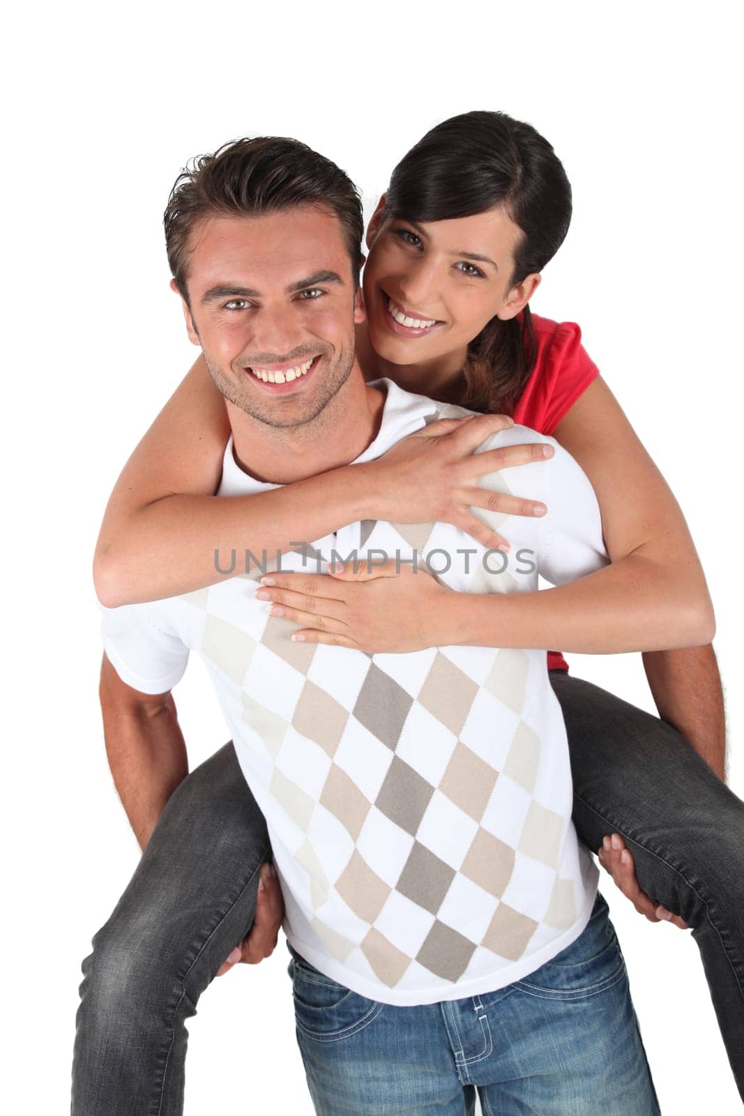 Man carrying woman on horseback