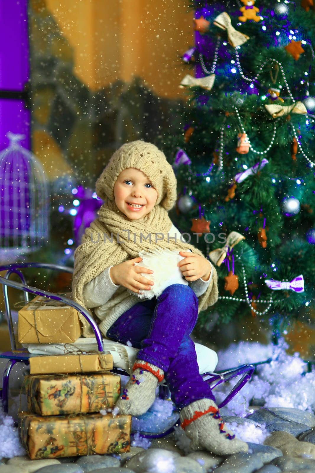 the girl in lilac jeans, in a knitted cap and with a knitted scarf sits on a sledge near a Christmas fir-tree with a toy and it is snowing