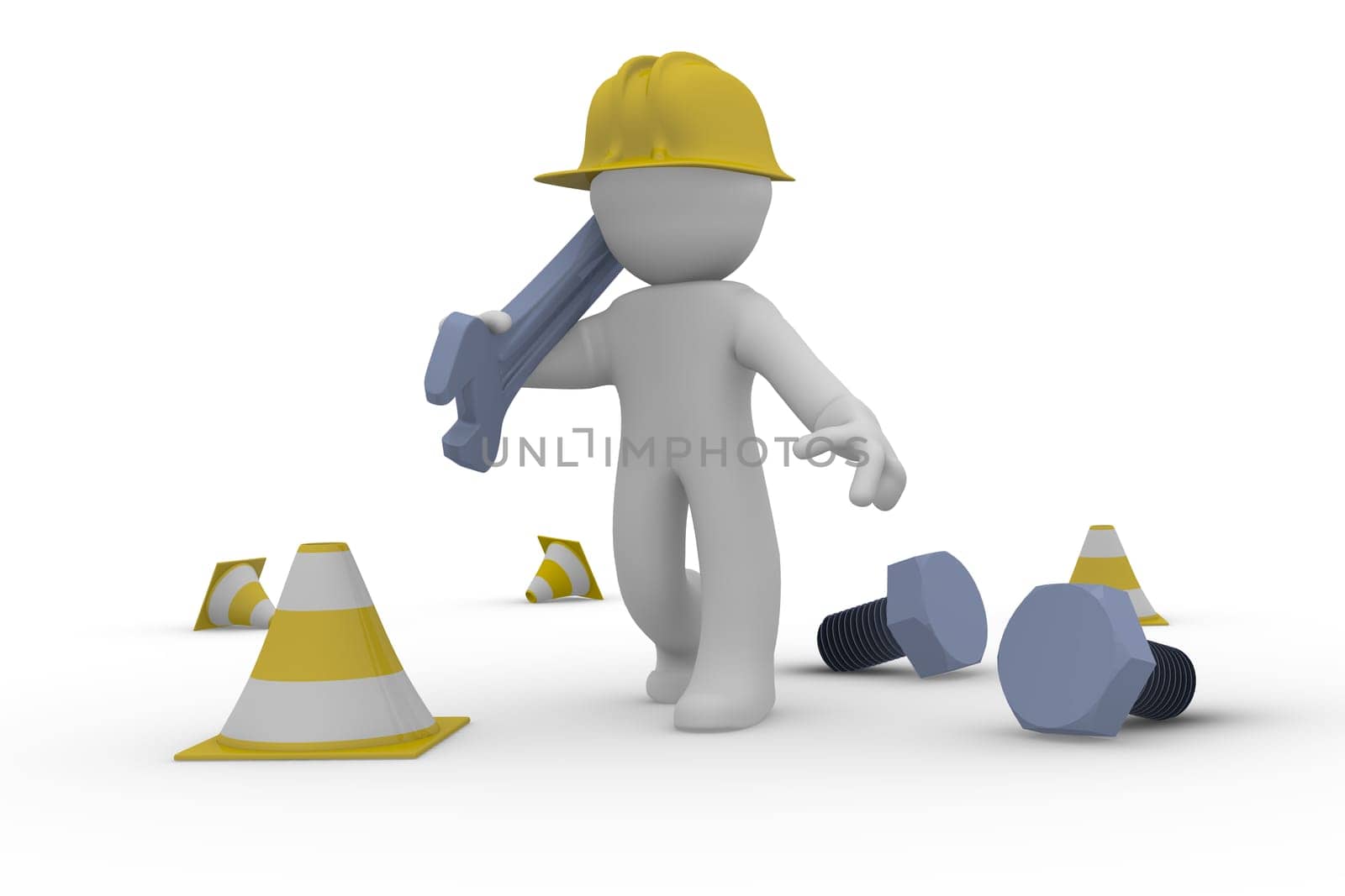 Construction worker with a wrench, service concept 3d rendering