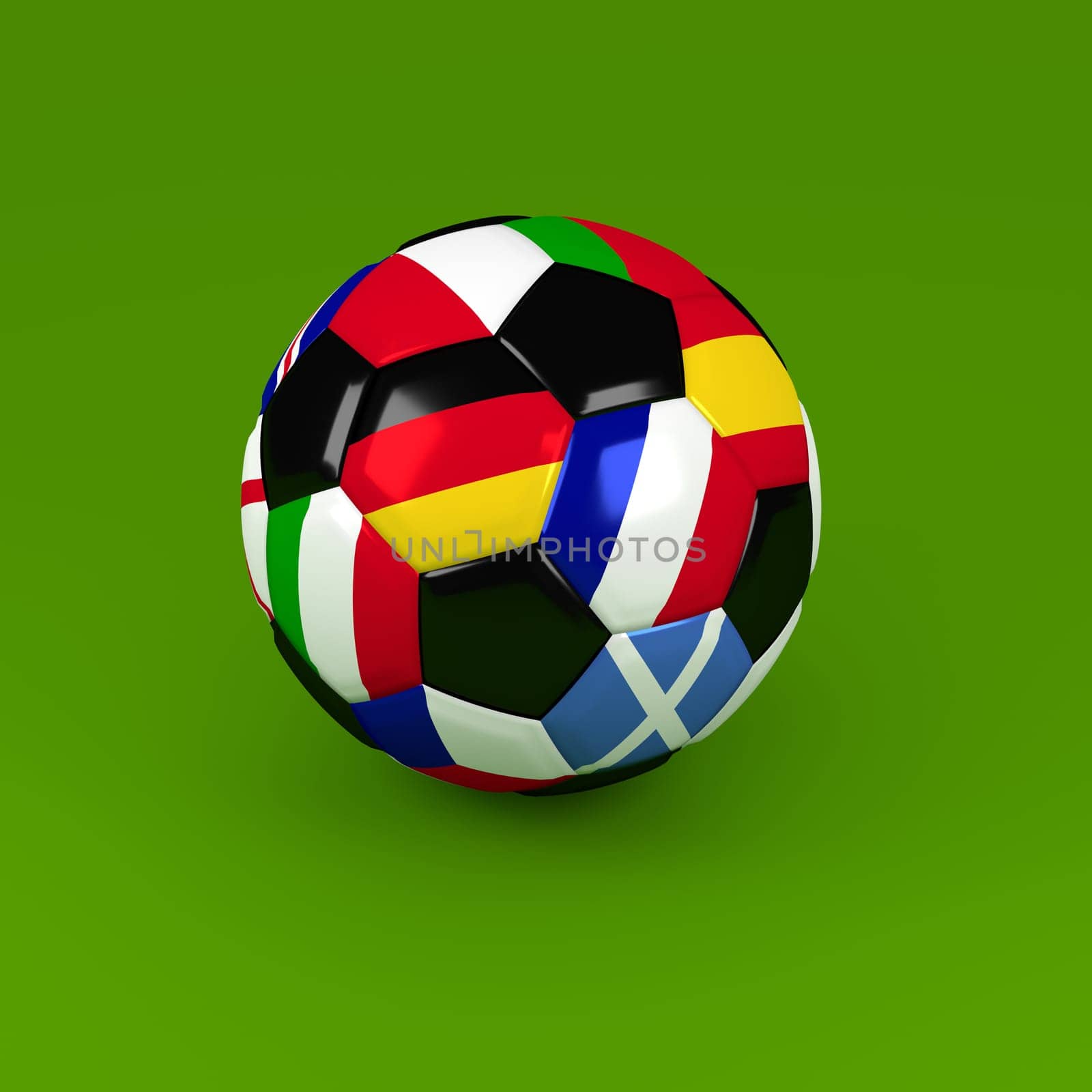 Soccer ball with European flags on a green background, 3d rendering