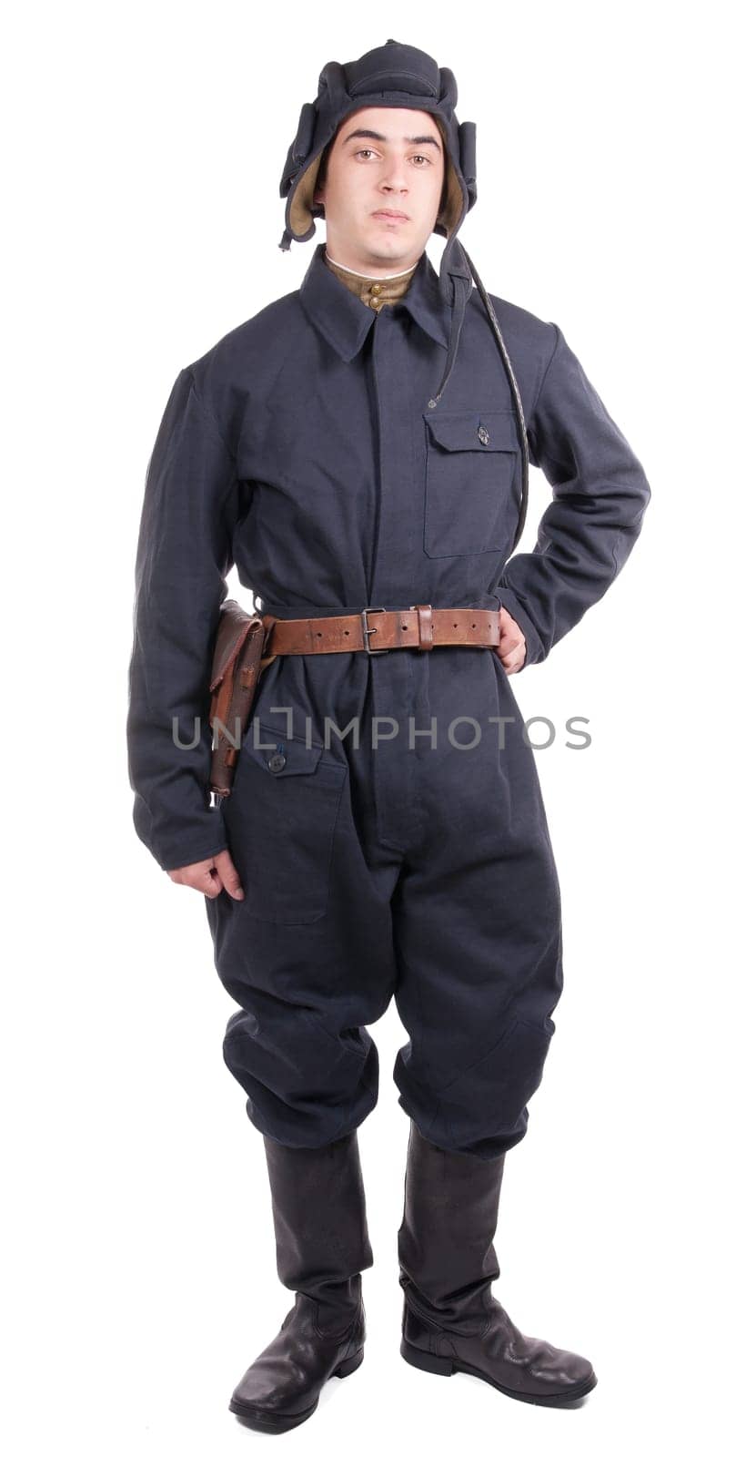 young Soviet pilot of tank during the war isolated on white background