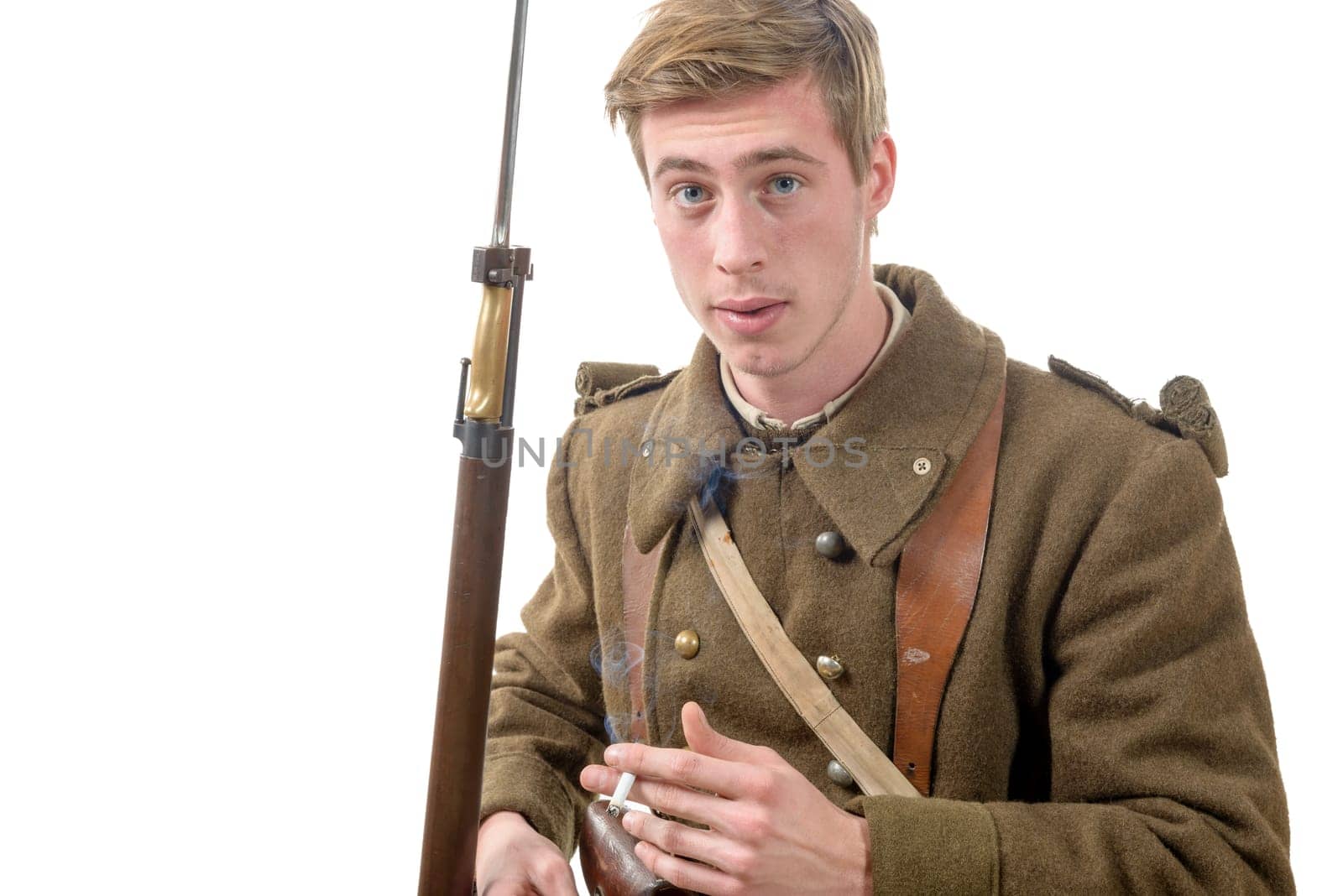 40s french soldier with cigarette isolated on white background