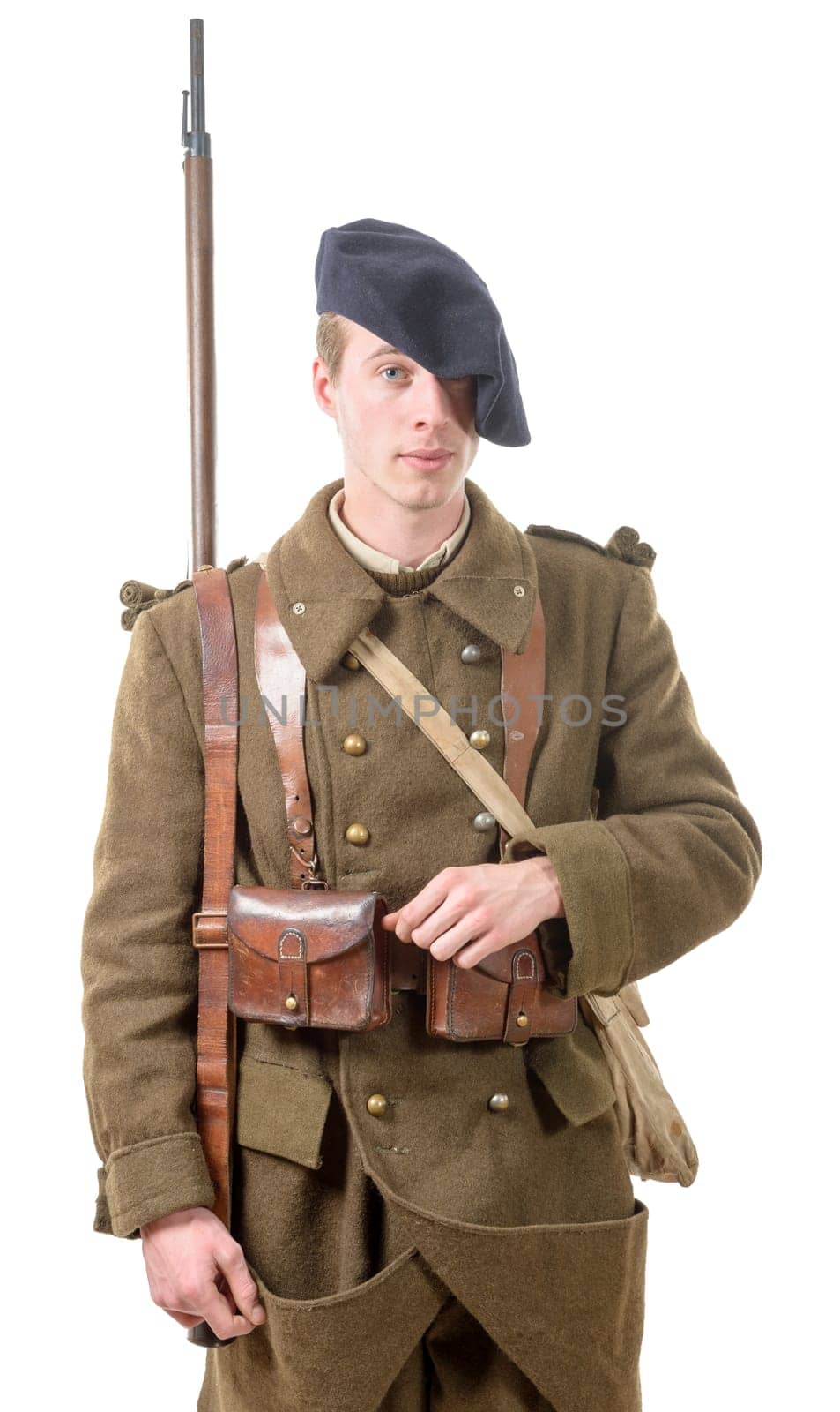 a 40s french soldier, front view, isolated on a white background