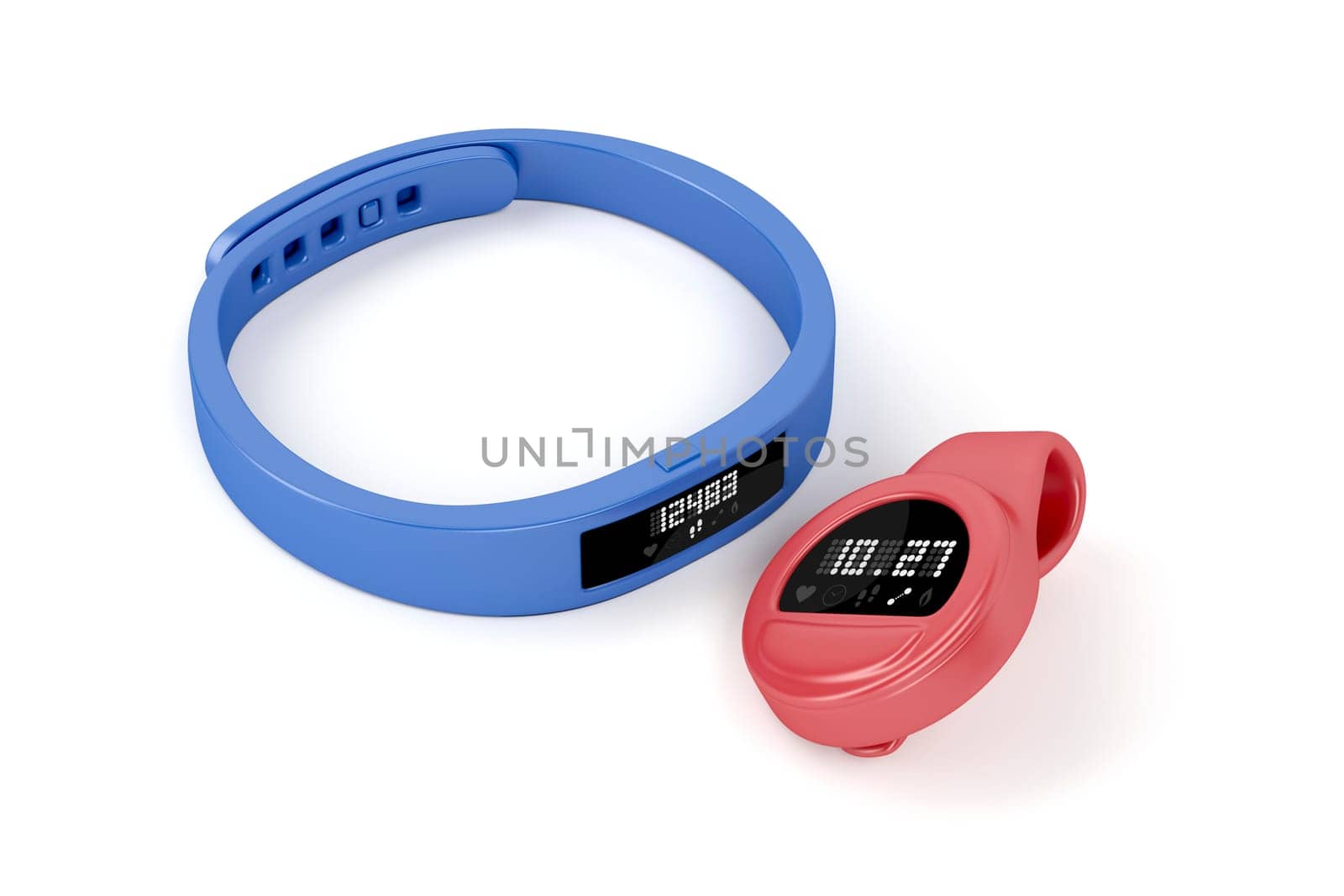 Wristband and clip-on activity trackers on white background