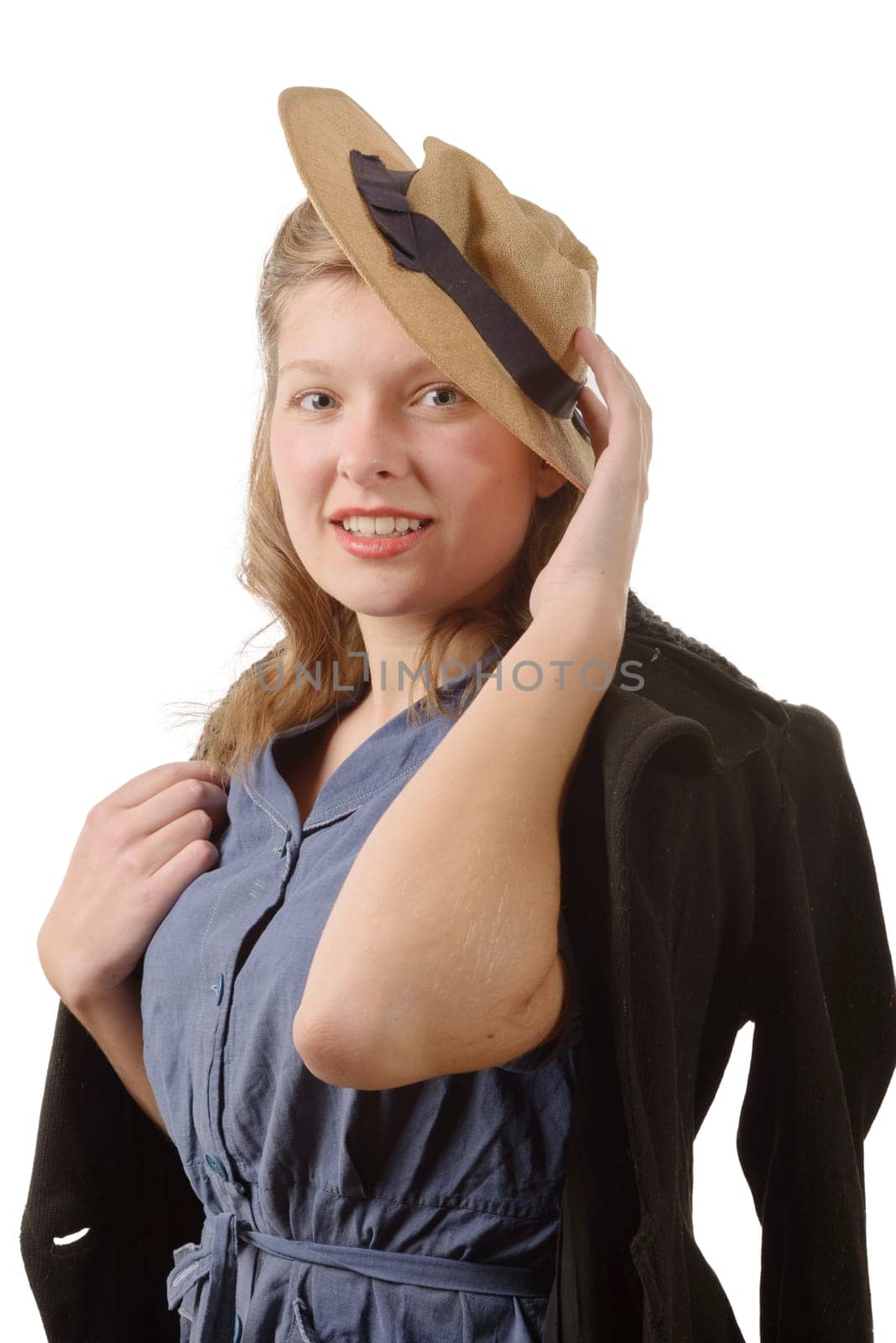 portrait of a pretty woman with clothes 1940, isolated on white