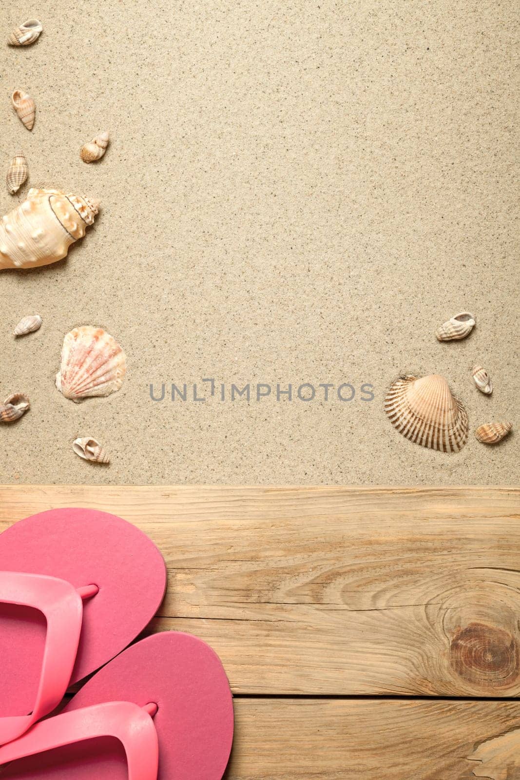summer concept with pink flip flops and shells on sandy beach. top view