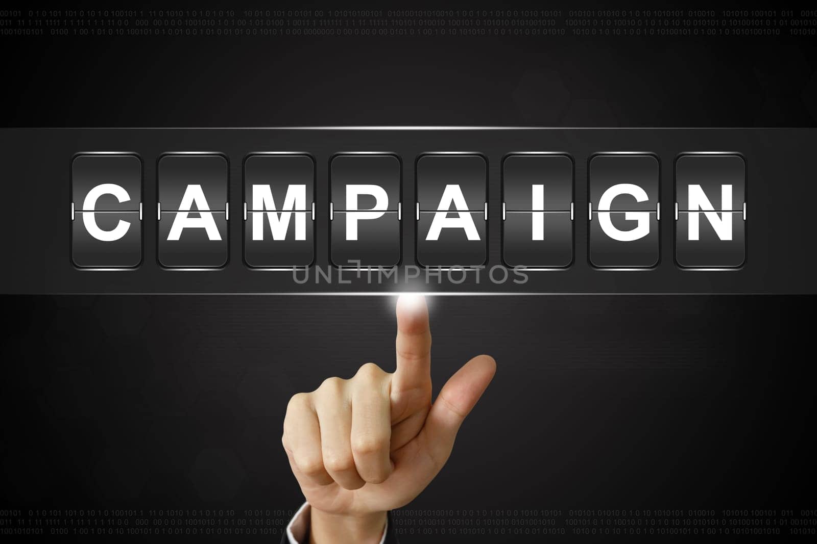 business hand pushing campaign on Flipboard Display