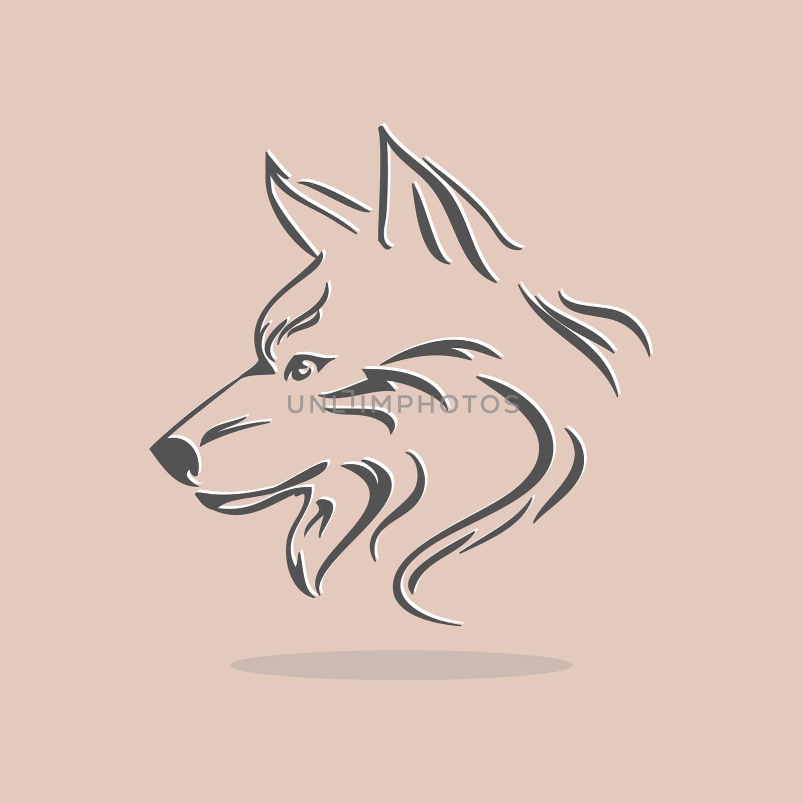 Stylized wolf head on a light orange background
