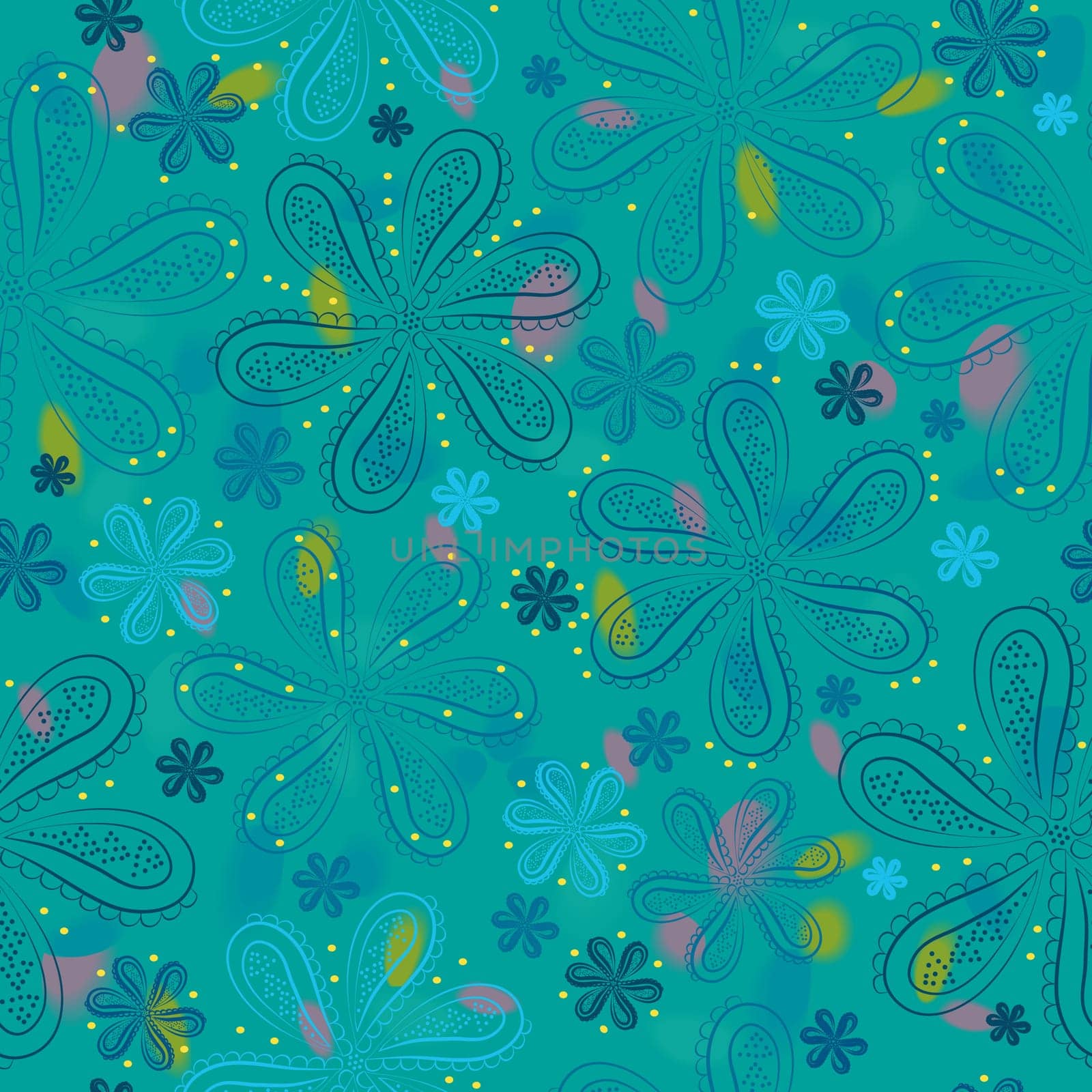 Flowers with watercolor background.  Illustration. Blue floral seamless pattern