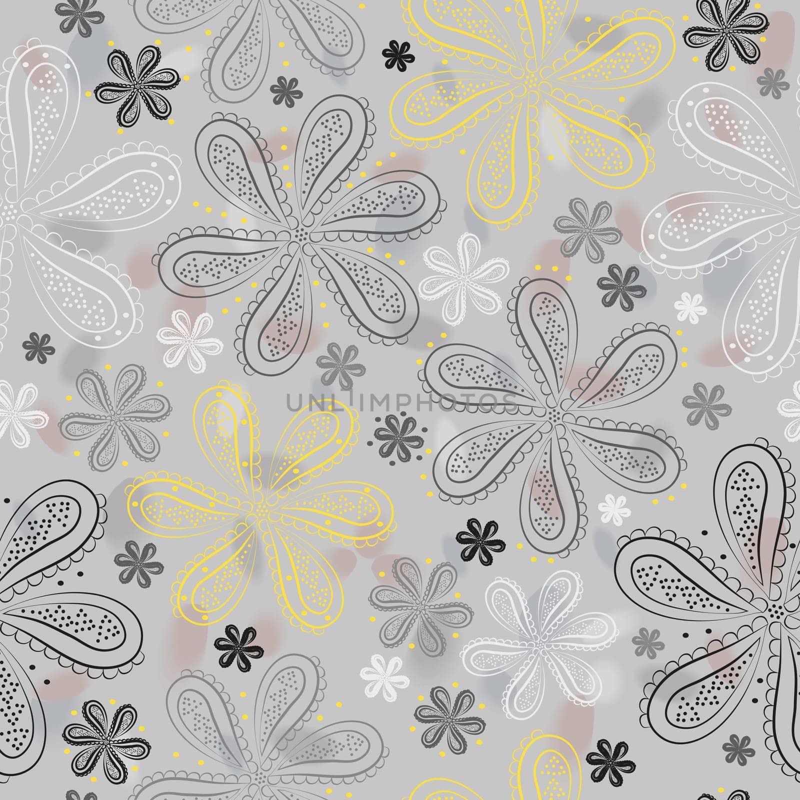 Gray and yellow flowers with watercolor background.  illustration. Gray floral seamless pattern.