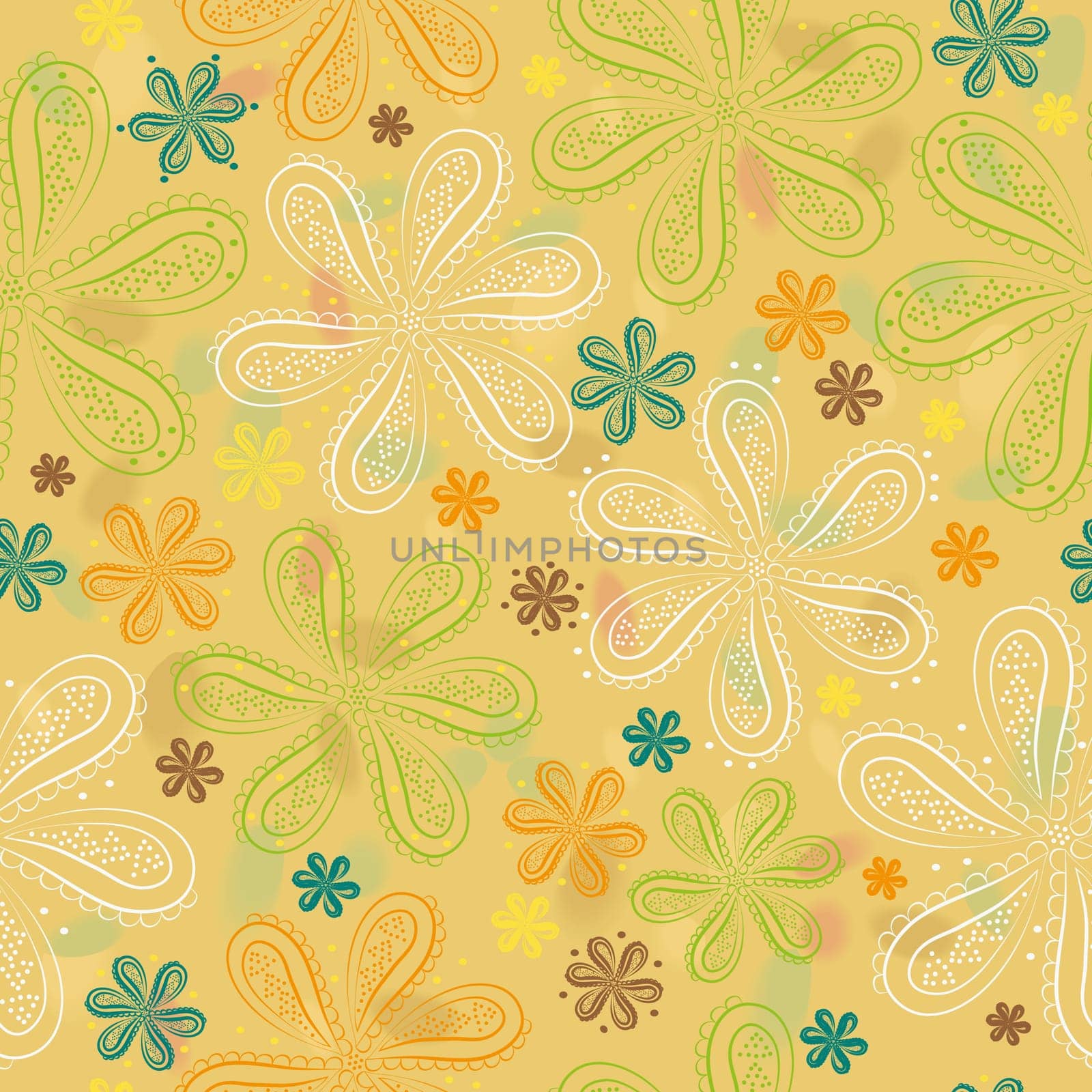 White, green, brown and orange flowers with watercolor background.  illustration. Yellow floral seamless pattern.