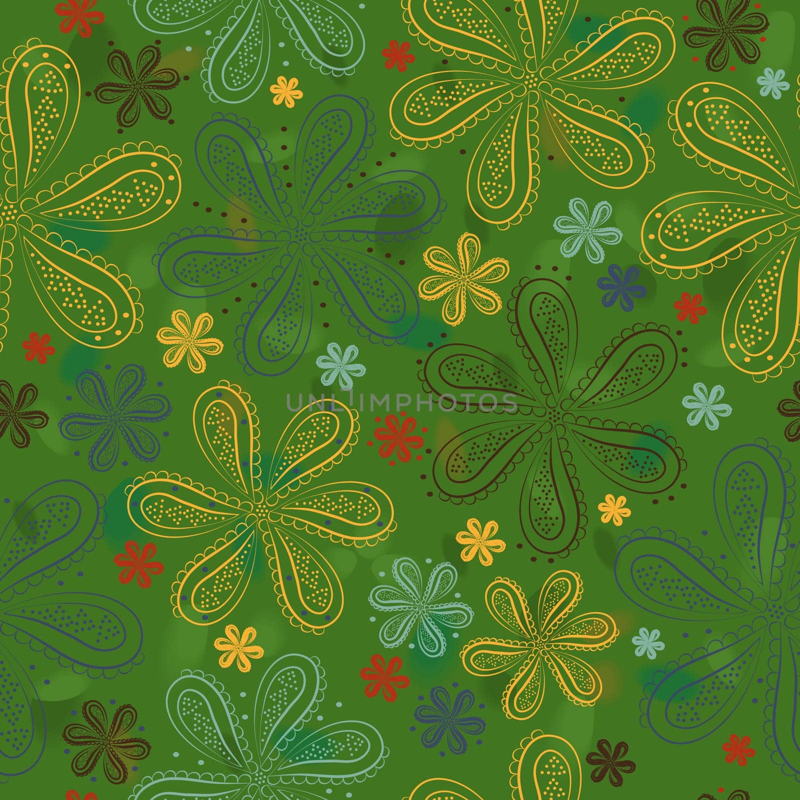 Yellow, red and green flowers with watercolor background. Green floral seamless pattern