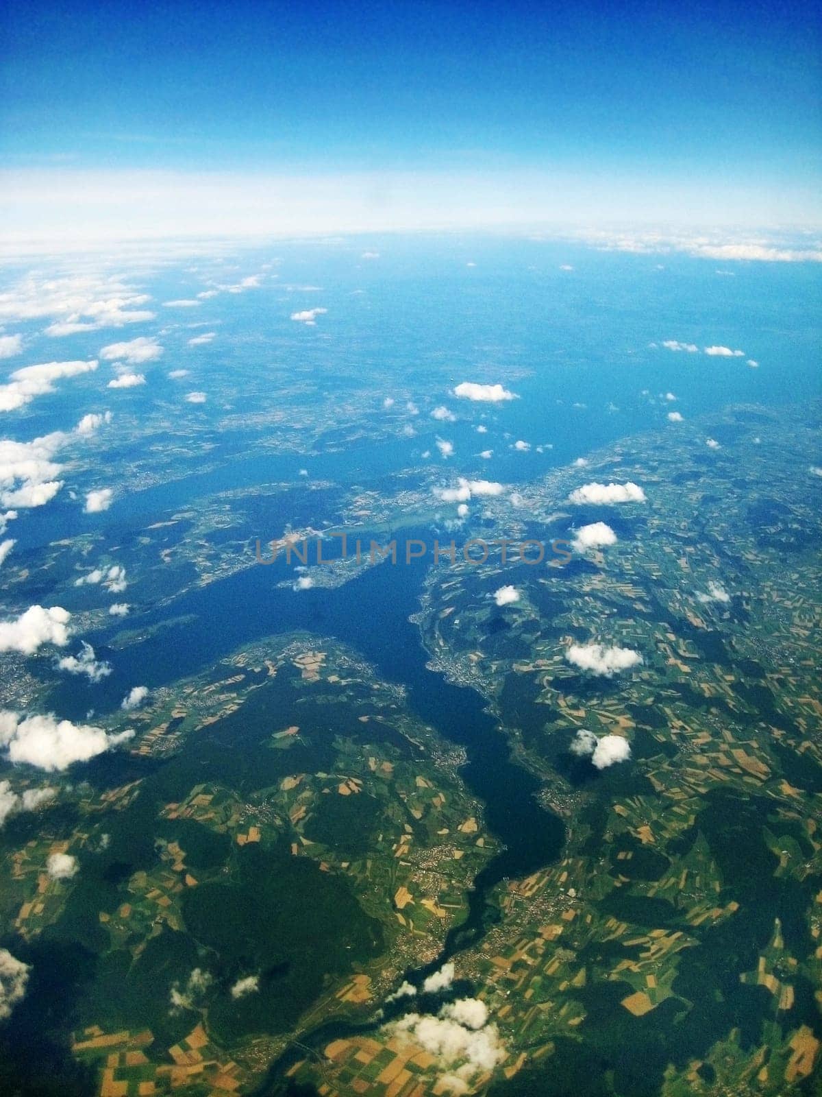 Lake Constance / Bodensee - aerial view during flight. View of Untersee with island Reichenau and Rhein delta.