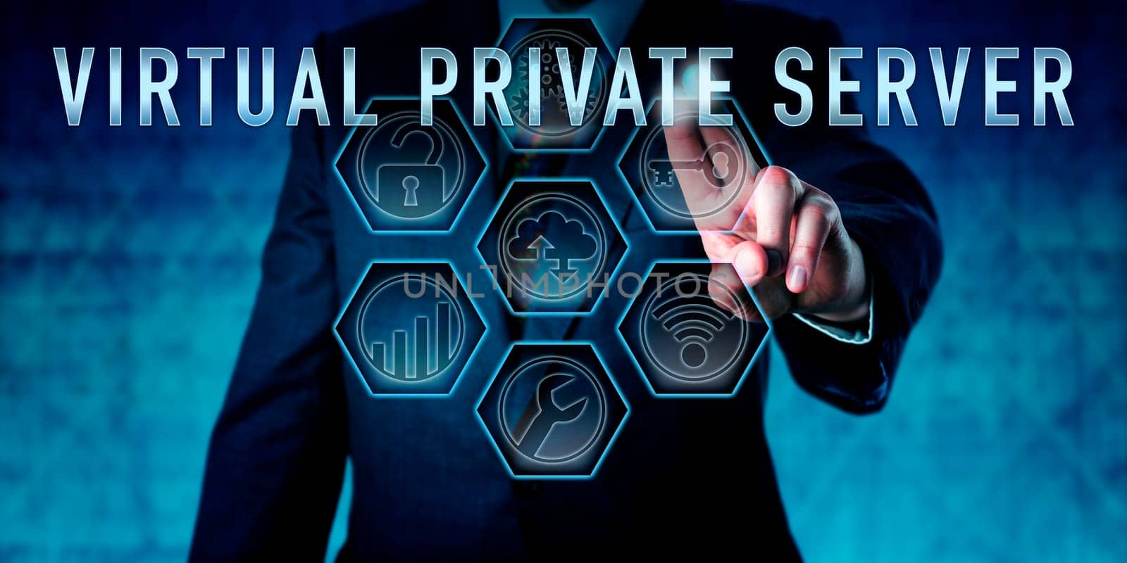 Administrator pressing VIRTUAL PRIVATE SERVER on an interactive control monitor. Business metaphor and computer network security concept for a virtual machine licensed from a hosting service.