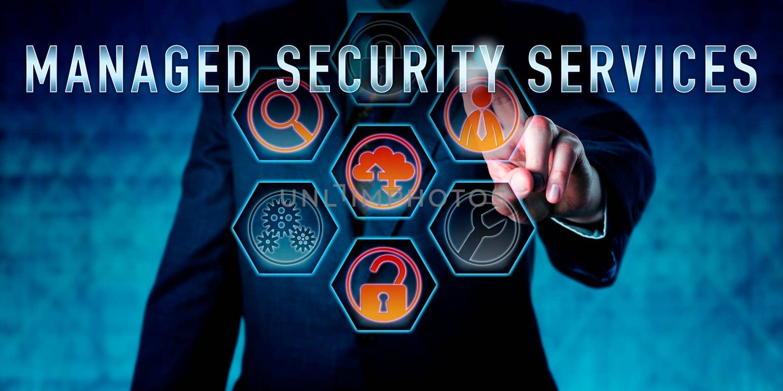 IT specialist is pressing MANAGED SECURITY SERVICES on an interactive virtual touch screen interface. Business metaphor and computer network security concept for outsourced MSS customer care.