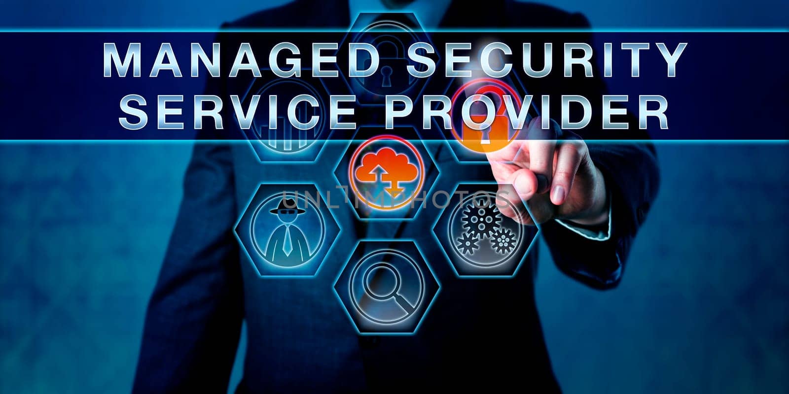 Male business manager is pushing MANAGED SECURITY SERVICE PROVIDER on an interactive control screen. Business metaphor and internet security concept for outsourced network security management.