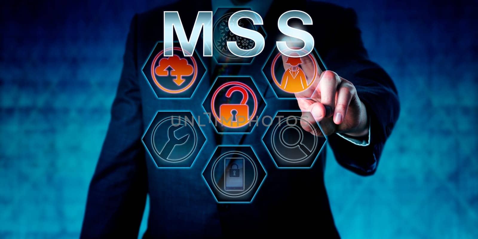 IT security expert touching MSS on an interactive virtual control screen. Business risk metaphor and computer network security concept for Managed Security Services outsourced to service providers.
