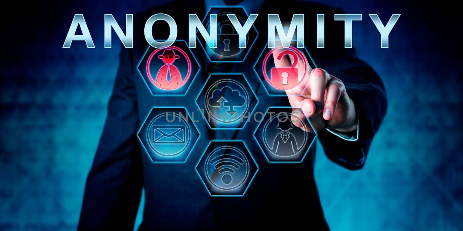 Internet services provider in blue suit is touching ANONYMITY on an interactive virtual control monitor. Business metaphor and information technology concept for anonymous internet access.