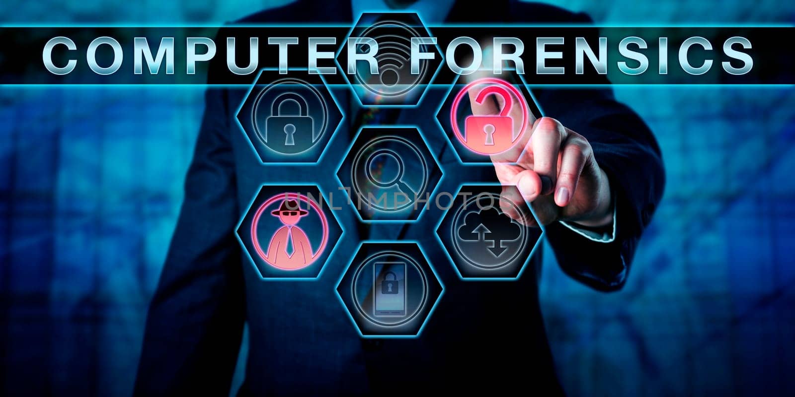 Male crime investigator is pushing COMPUTER FORENSICS on an interactive virtual control screen matrix. Business metaphor. Computer security procedure and information technology audit concept.