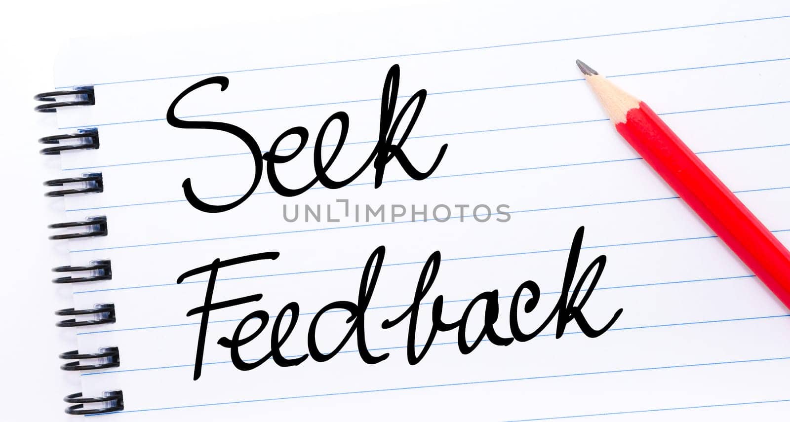 Seek Feedback written on notebook page with red pencil on the right
