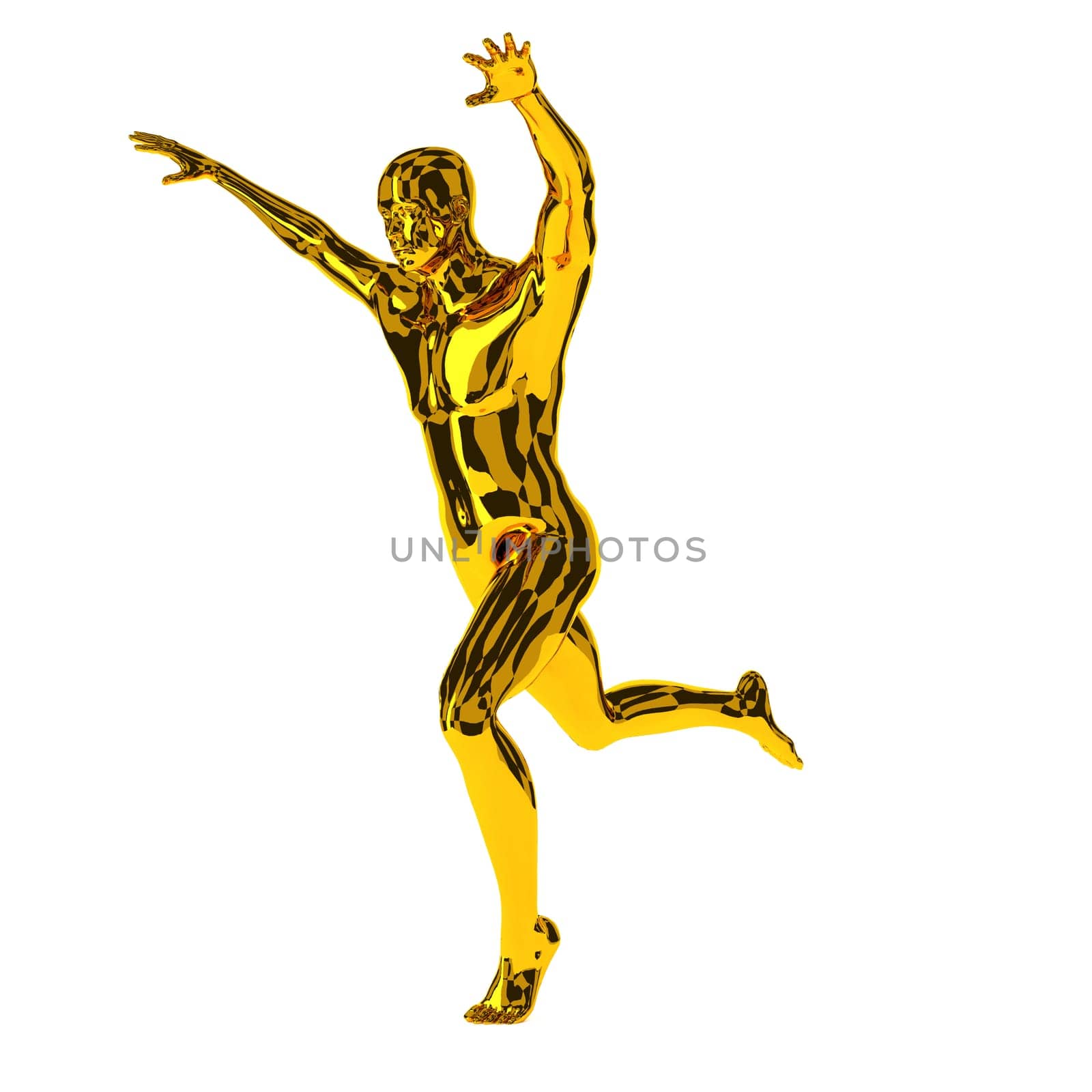 Golden runner raise his arms, first place concept, 3d rendering on white