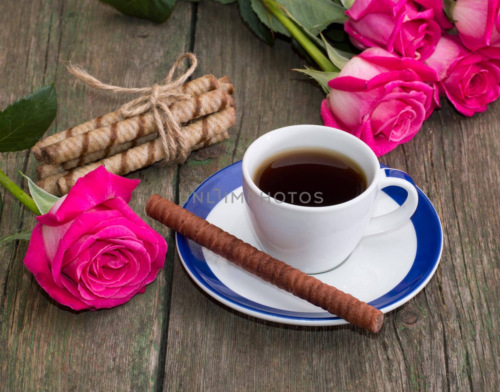 coffee still life, cookies in the form of sticks and a rose on each side, a subject food and drinks