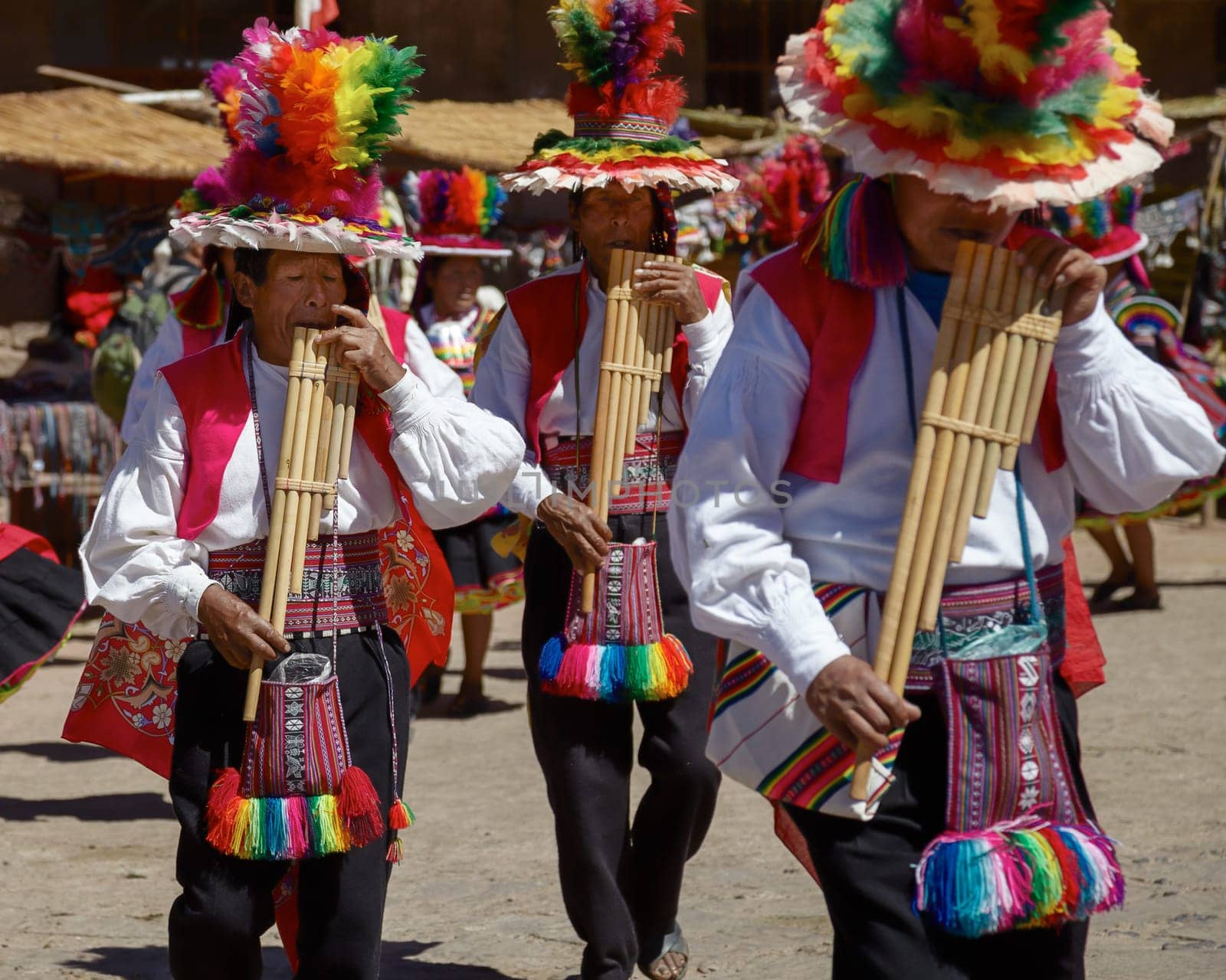 TAQUILE, PERU - JULY 29, 2012: Musicians and Dancers During a Festival on Taquile Island at Lake Titicaca in Puno Peru.