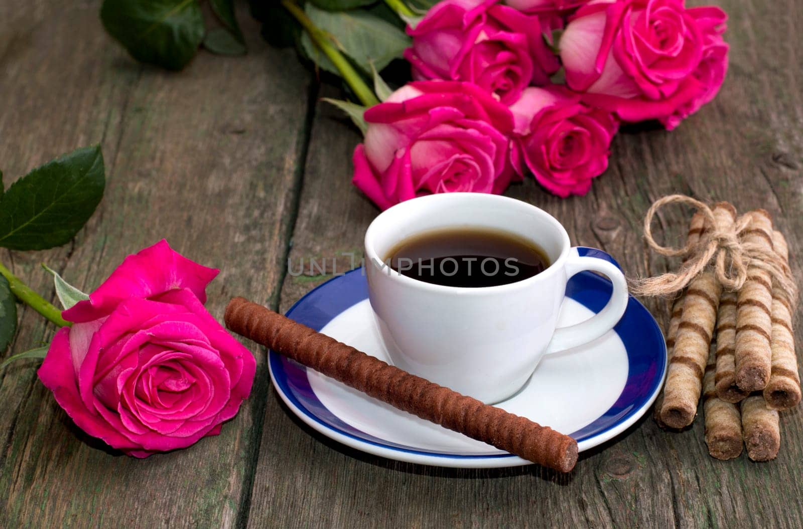 beautiful still life, coffee, roses and linking of cookies, subject holidays, food and drinks
