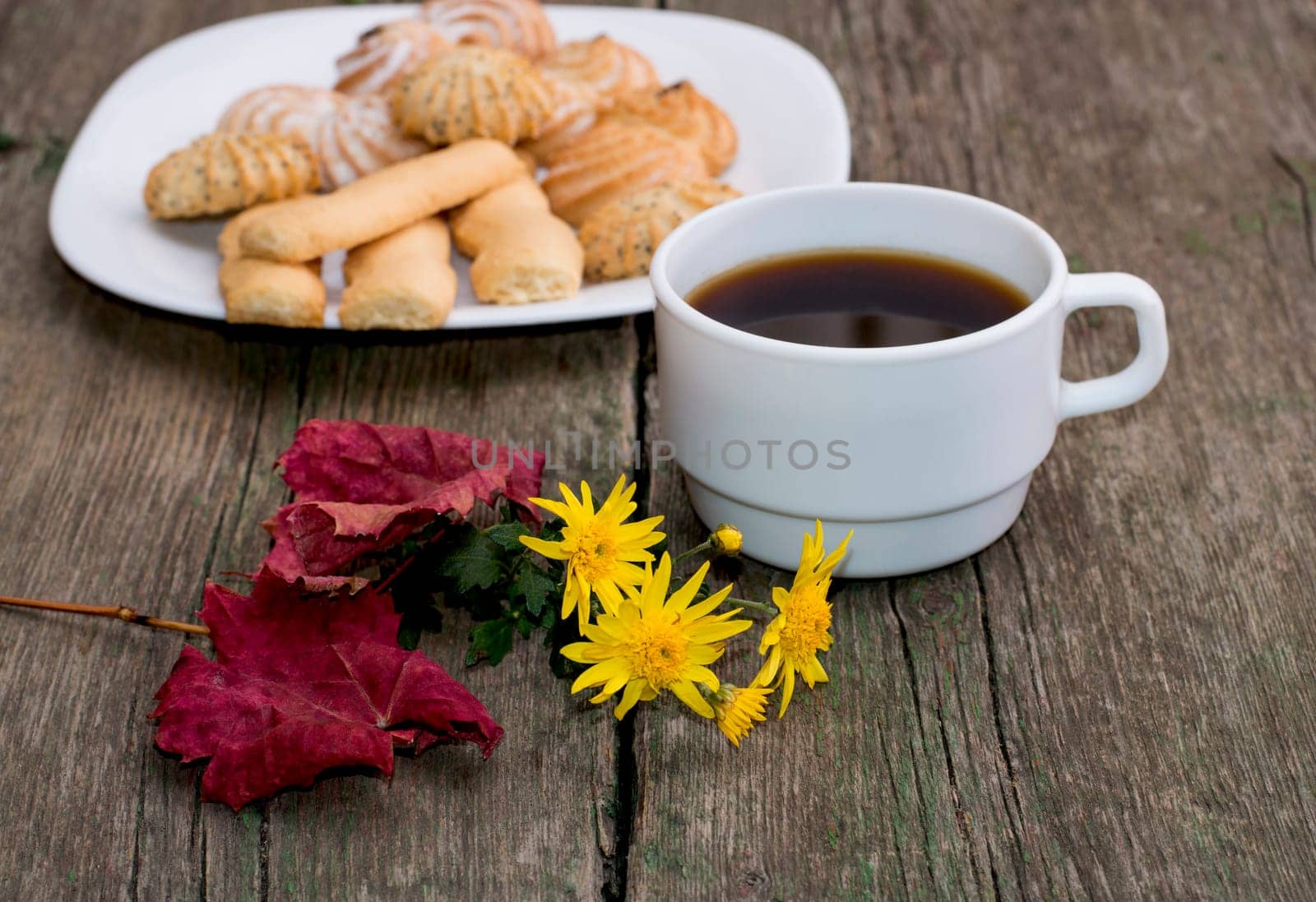 coffee, leaf, floret and plate with cookies behind, a still life, a subject fall, food and drinks