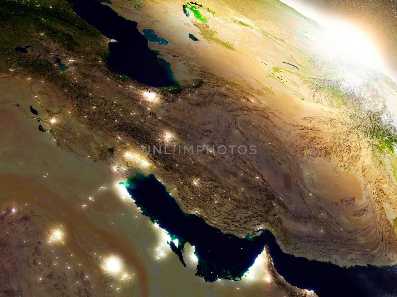 Iran region from Earth's orbit in space during sunrise. 3D illustration with highly detailed realistic planet surface. Elements of this image furnished by NASA.