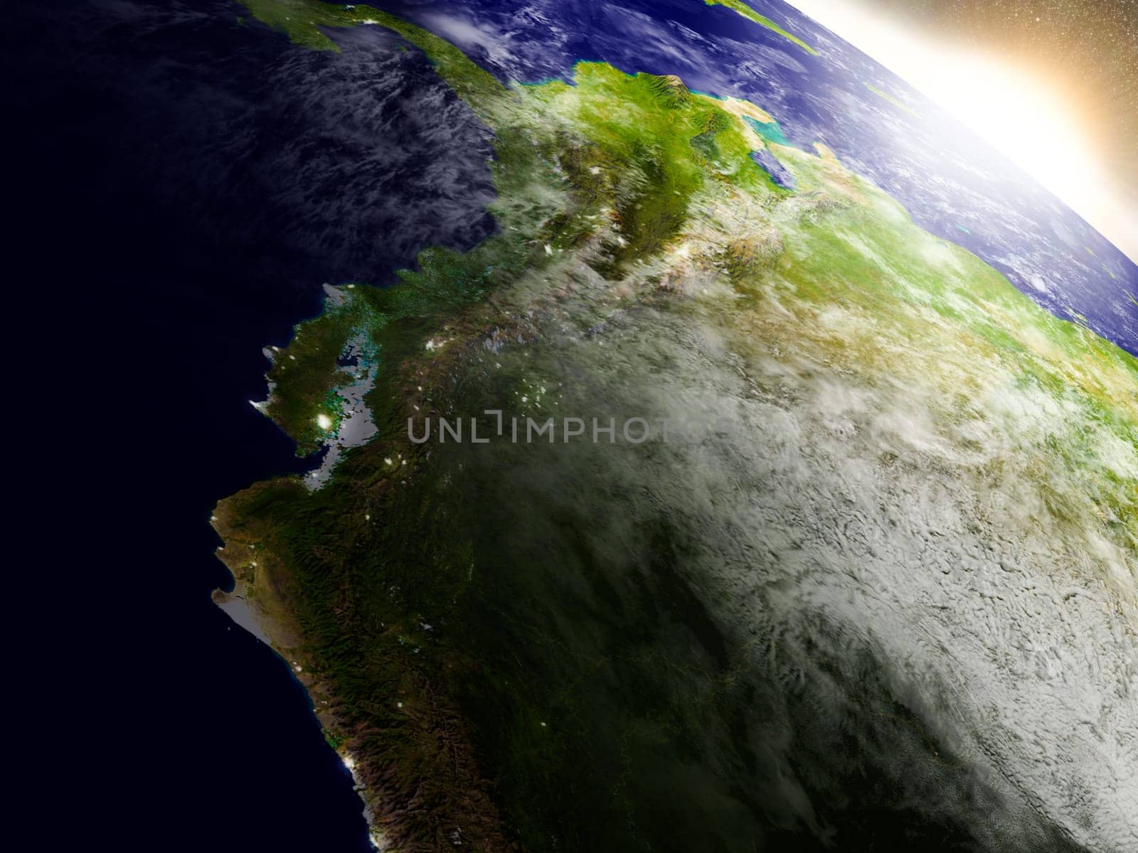 Ecuador region from Earth's orbit in space during sunrise. 3D illustration with highly detailed realistic planet surface. Elements of this image furnished by NASA.