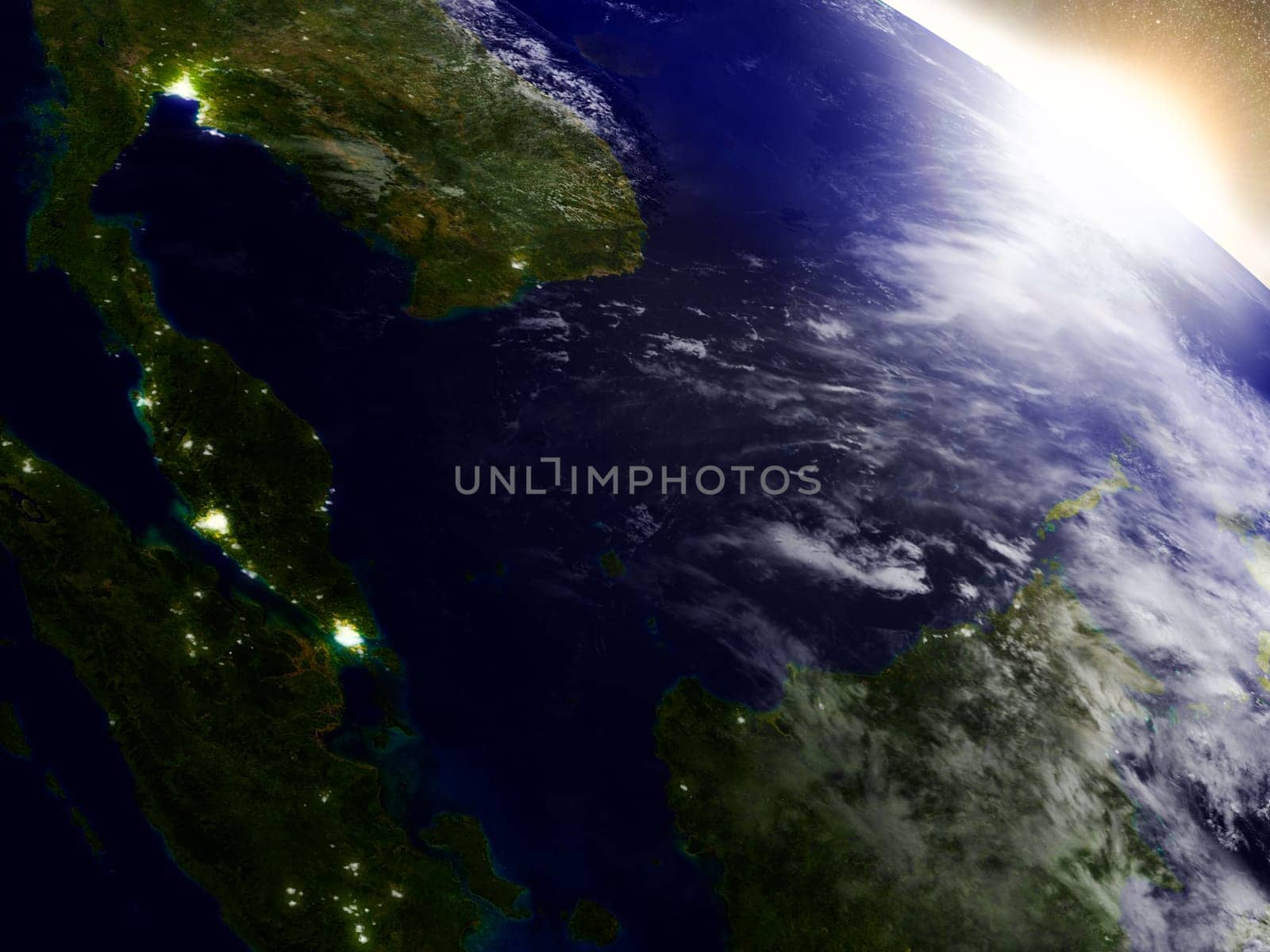 Malaysia region from Earth's orbit in space during sunrise. 3D illustration with highly detailed realistic planet surface. Elements of this image furnished by NASA.