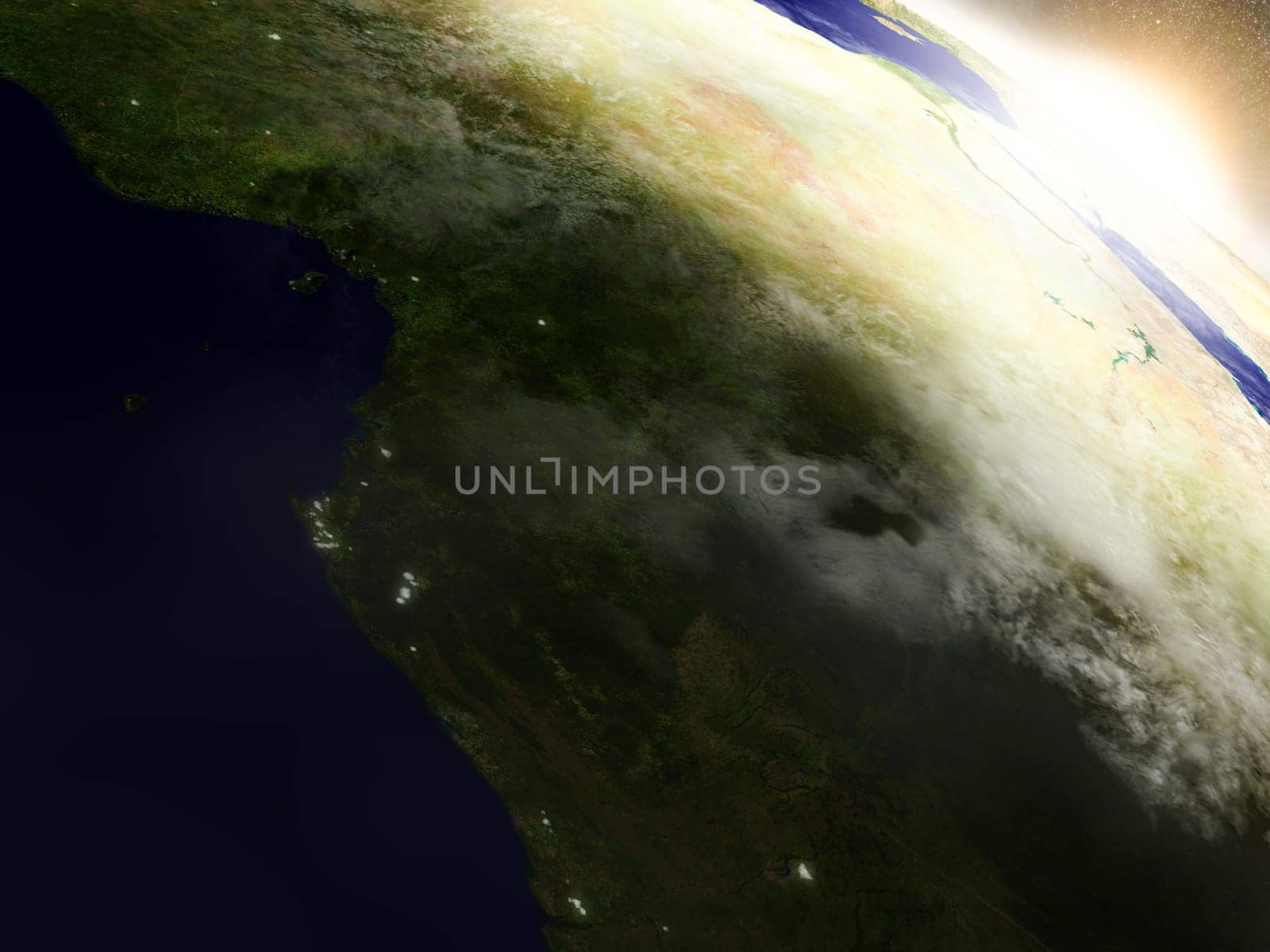 Cameroon, Gabon and Congo region from Earth's orbit in space during sunrise. 3D illustration with highly detailed realistic planet surface. Elements of this image furnished by NASA.