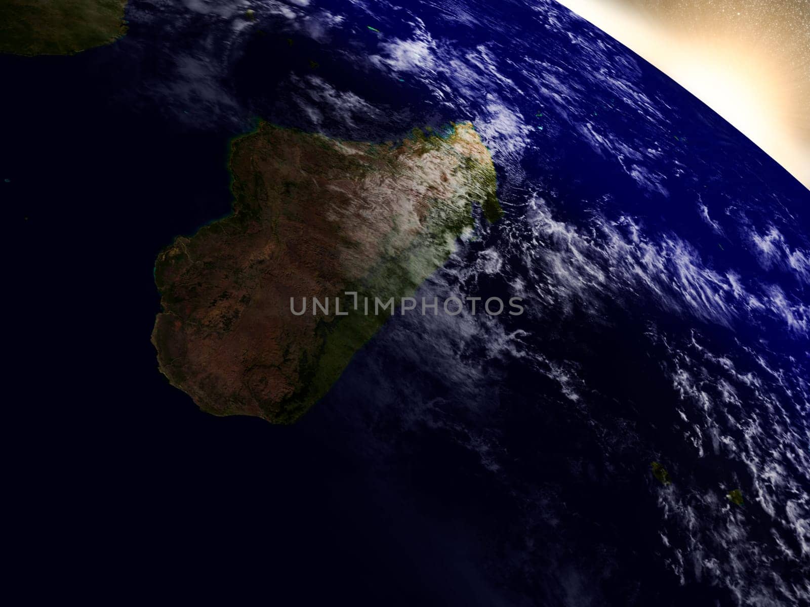 Madagascar region from Earth's orbit in space during sunrise. 3D illustration with highly detailed realistic planet surface. Elements of this image furnished by NASA.