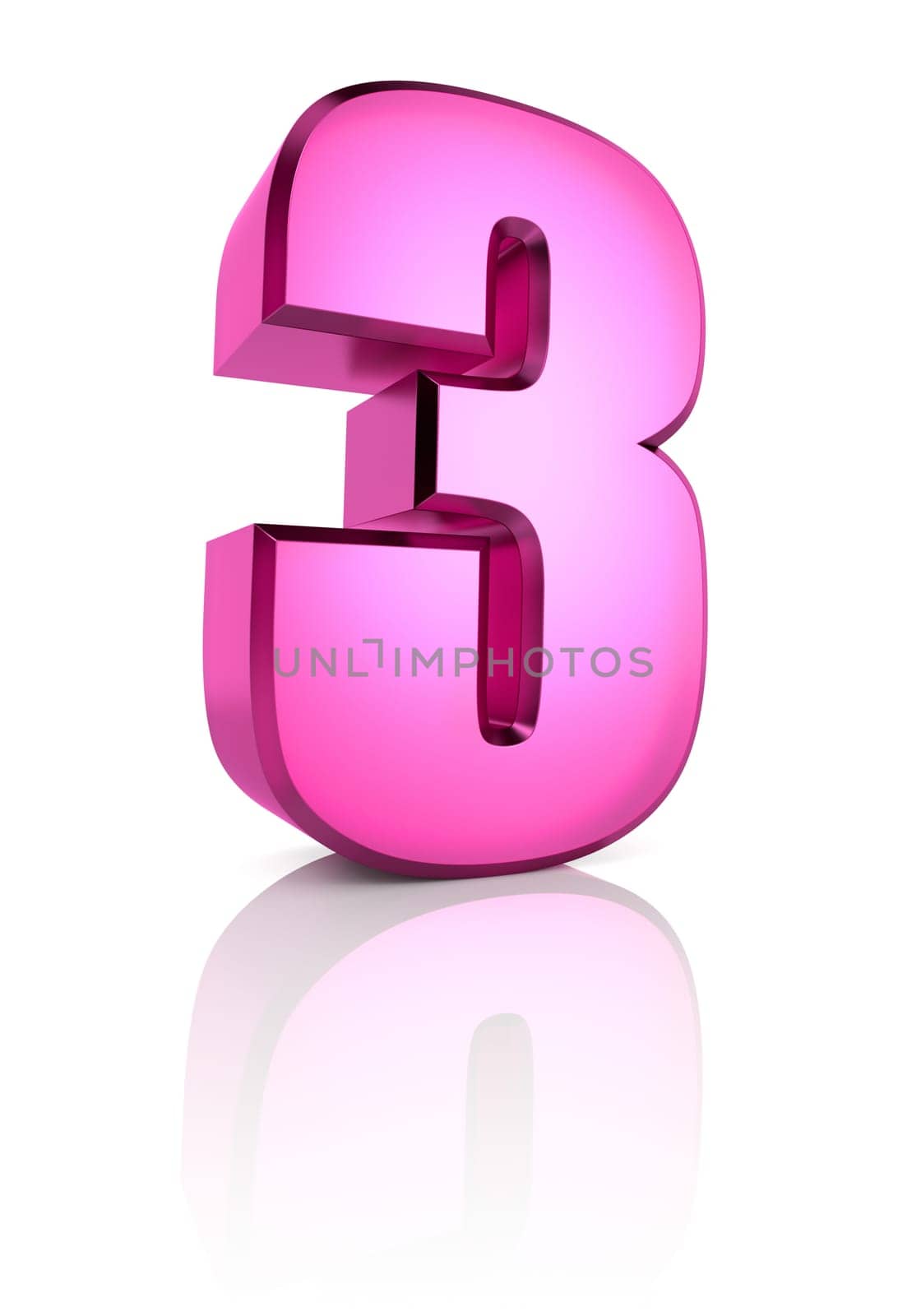 pink number 3 isolated on white background. 3d rendering