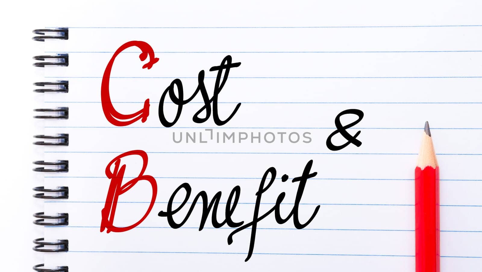 CB Cost Benefit written on notebook page with red pencil on the right