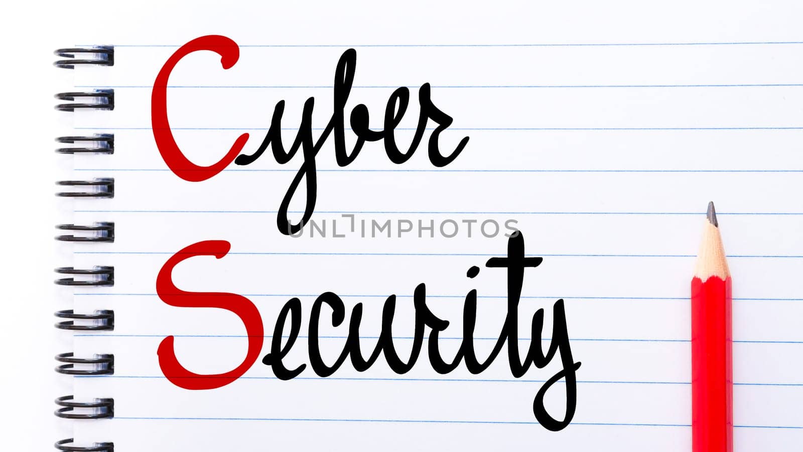 CS Cyber Security written on notebook page with red pencil on the right
