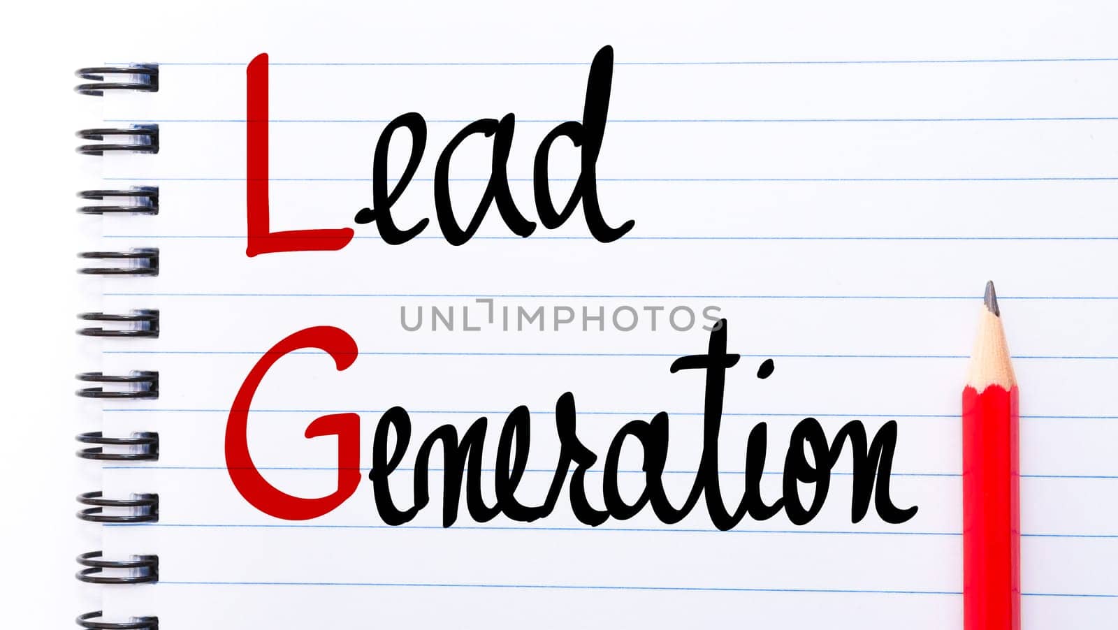 LG Lead Generation written on notebook page with red pencil on the right