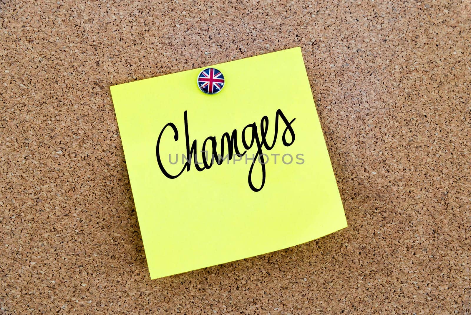 Yellow paper note pinned on cork board with Great Britain flag thumbtack, written text CHANGES, United Kingdom exit from European Union concept