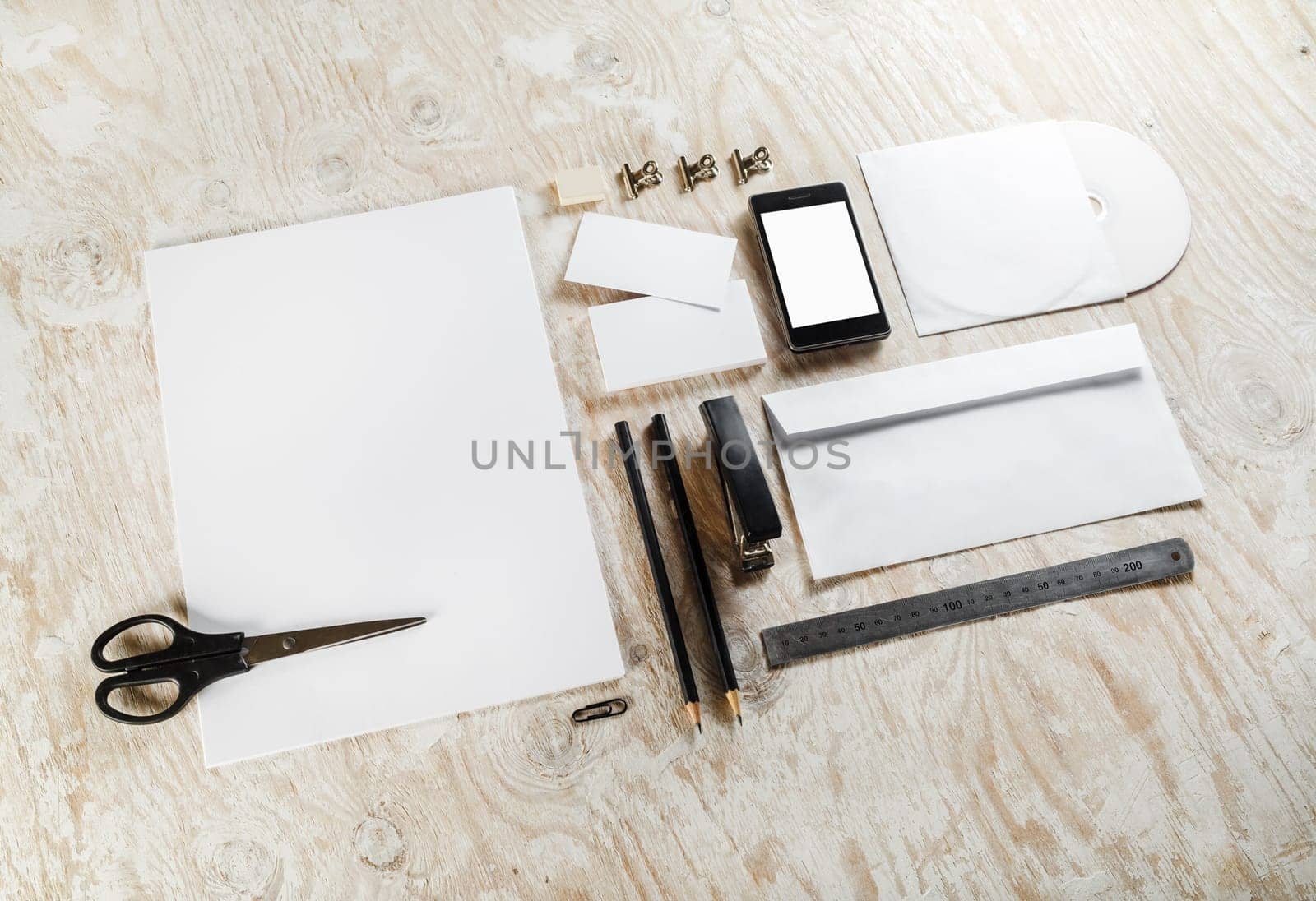 Photo of blank stationery set. Template for branding identity. Mock-up for branding identity. Blank template for branding identity.
