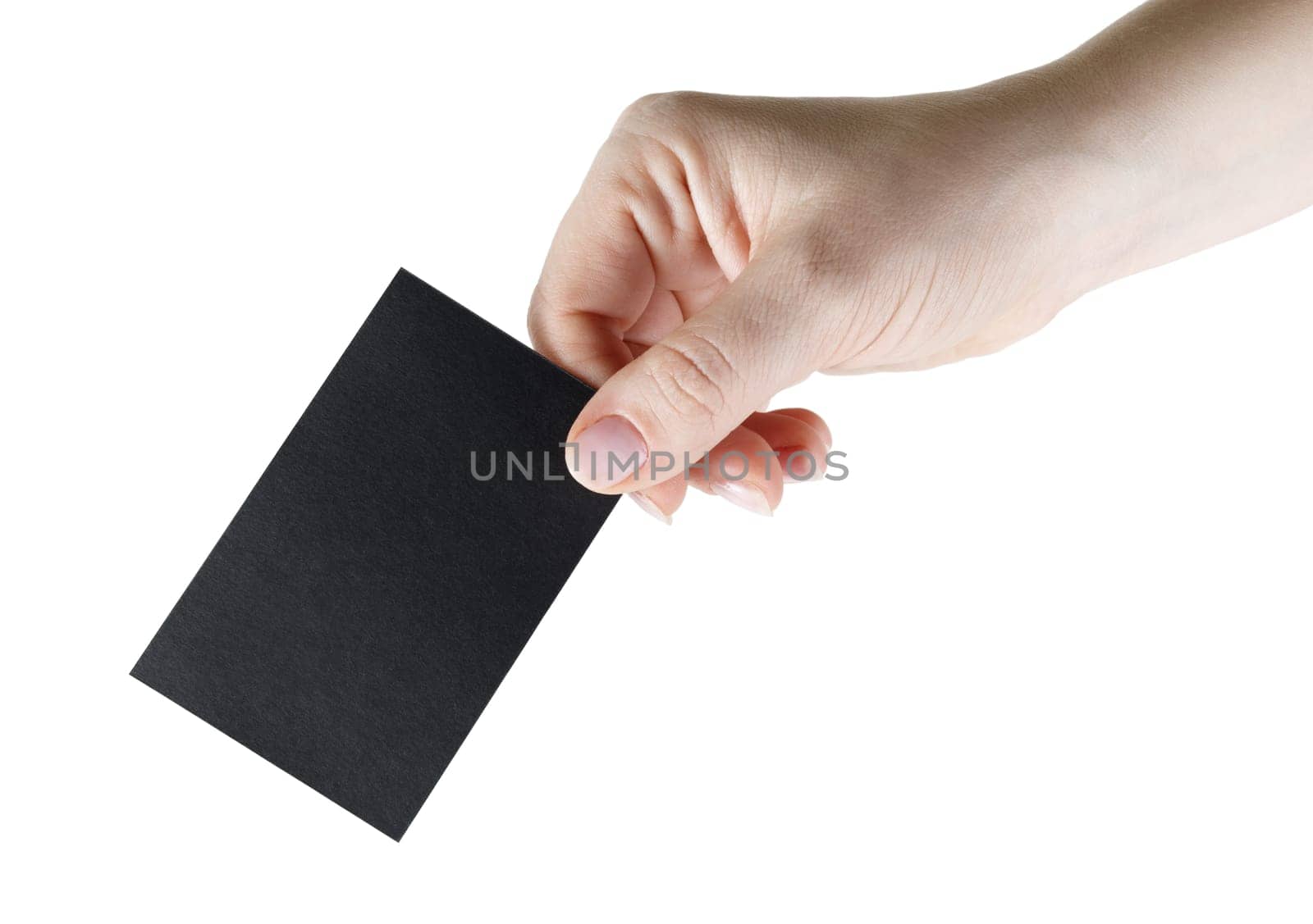 Black black business card in hand. Isolated on white. Clipping path. Mock-up for branding identity for design presentations and portfolios.