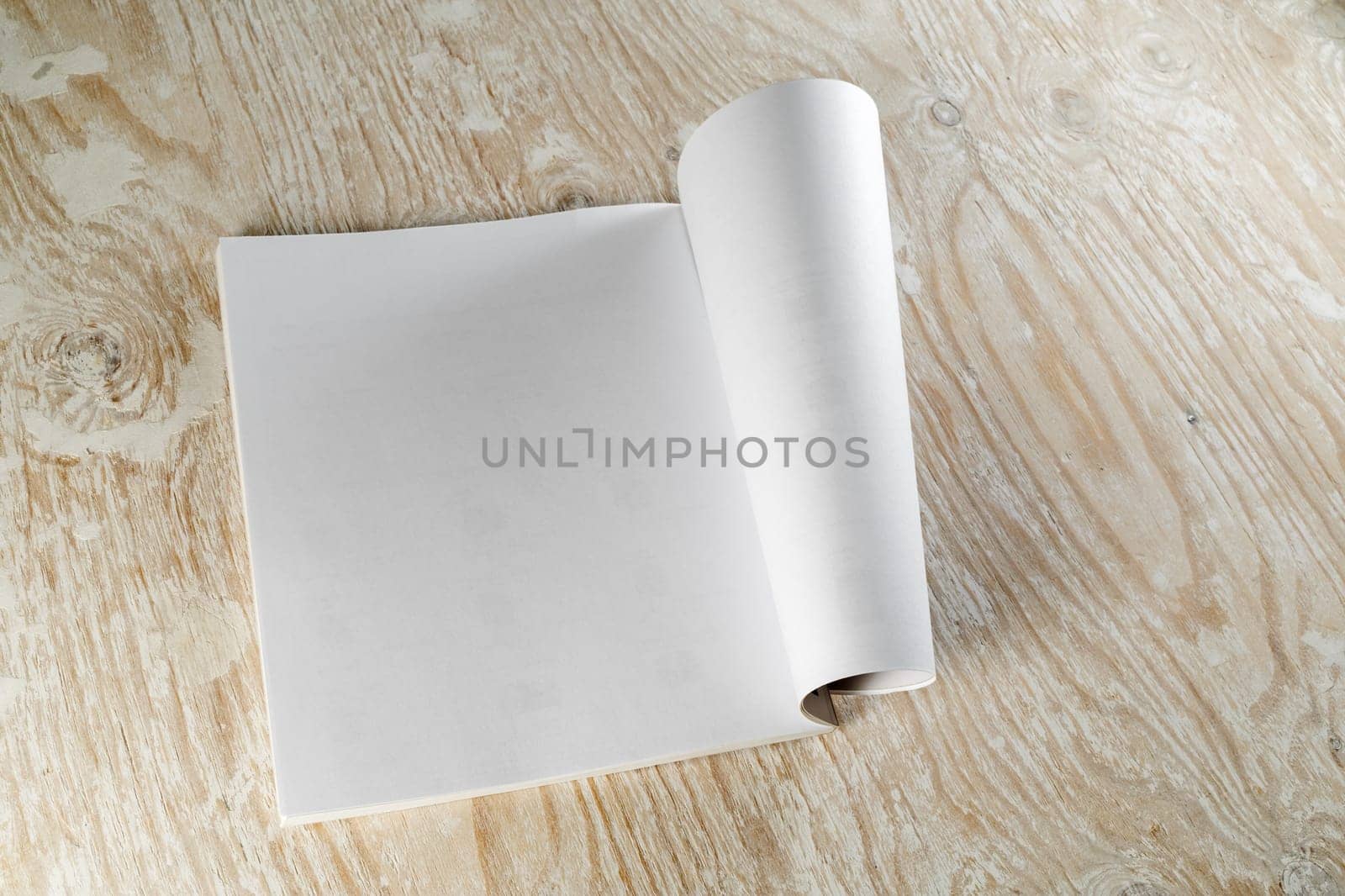 Photo of blank opened magazine or album on light wooden background with soft shadows. Template for design presentations and portfolios.