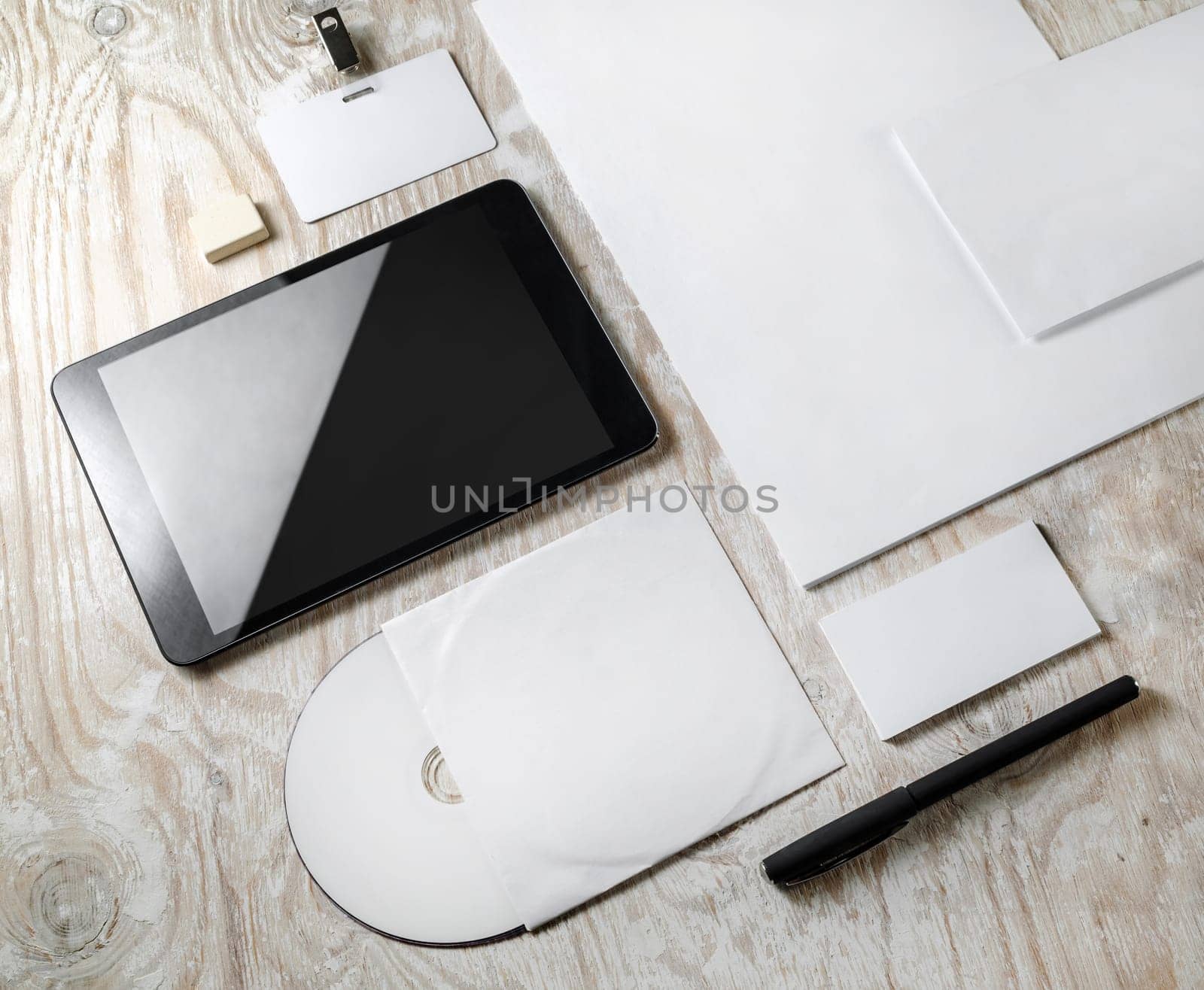 Blank template for branding identity on light wooden background. Mock-up for ID. For design presentations and portfolios.