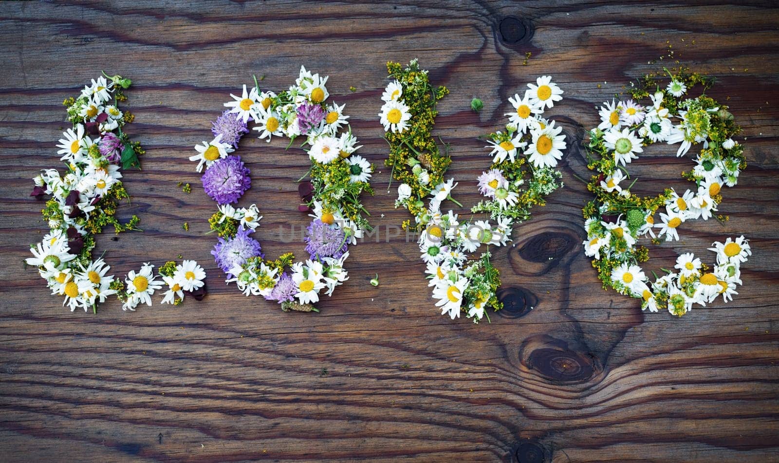 Inscription LOVE made of flowers and leaves on vintage wooden table background. Word love made of flowers.Top view.